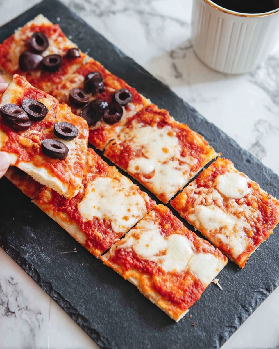The image shows a rectangular pizza on a dark slate board placed on a white marbled surface. The pizza is cut into eight square slices with a thin light golden crust. Each slice has a bright red tomato sauce base topped with melted white cheese. Five slices have just tomato sauce and cheese, while three slices on the left have sliced black olives scattered on top of the cheese. A woman's hand is holding one slice from the corner with olives. In the background, part of a white cup is visible. Photo taken with an iphone --ar 4:5 --v 7