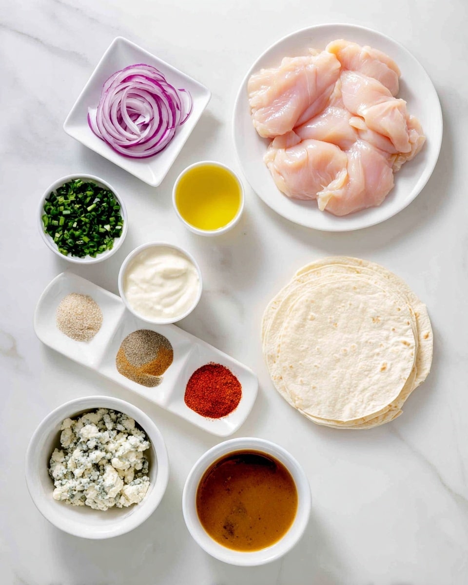 Several small white dishes and plates are arranged on a white marbled surface, each holding different ingredients. In the center right is a white plate with three pieces of raw, pale pink chicken. Above it is a small white cup with light yellow oil. To the left of the oil, a small white square plate has thin purple onion rings and chopped green onions. Below that is a small white round bowl filled with white creamy sauce, and to its right a small white square plate holding four piles of spices in beige, red, and light brown powders. At the bottom left is a small white bowl with crumbled blue cheese, and next to it a small white cup holding a creamy white sauce with pepper specks. Finally, at the bottom right, two folded white tortillas sit beside a white cup filled with dark orange sauce. Photo taken with an iphone --ar 4:5 --v 7