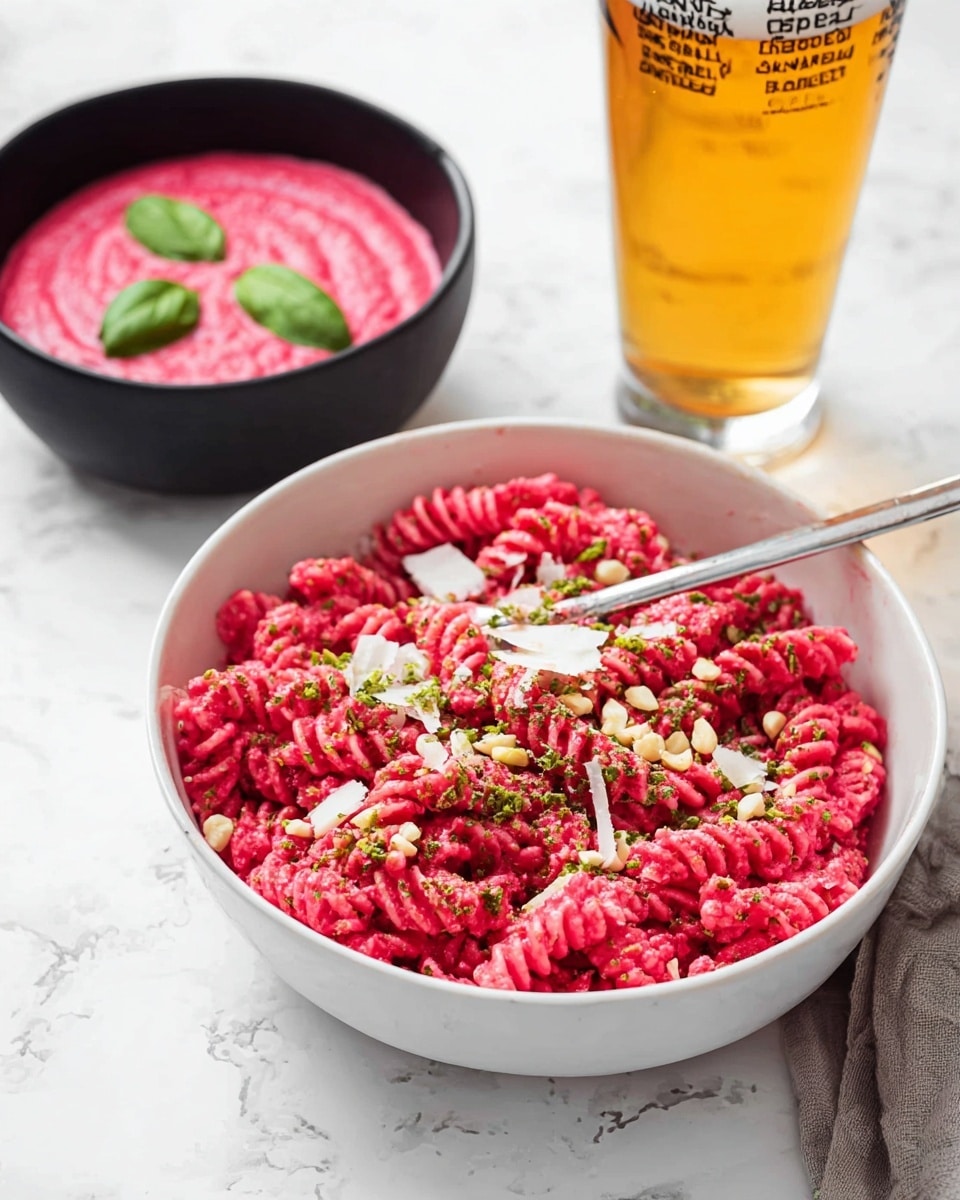 A white bowl filled with bright pink pasta coated in a thick sauce, topped with green herb leaves and small white cheese shavings, with some nut pieces scattered around. A silver fork is resting inside the bowl, partially submerged in the pasta. Behind it, a black bowl with a smooth vibrant pink sauce garnished with three green basil leaves sits on a white marbled surface. To the right, there is a tall glass filled halfway with golden beer, with black text on the upper part. photo taken with an iphone --ar 4:5 --v 7