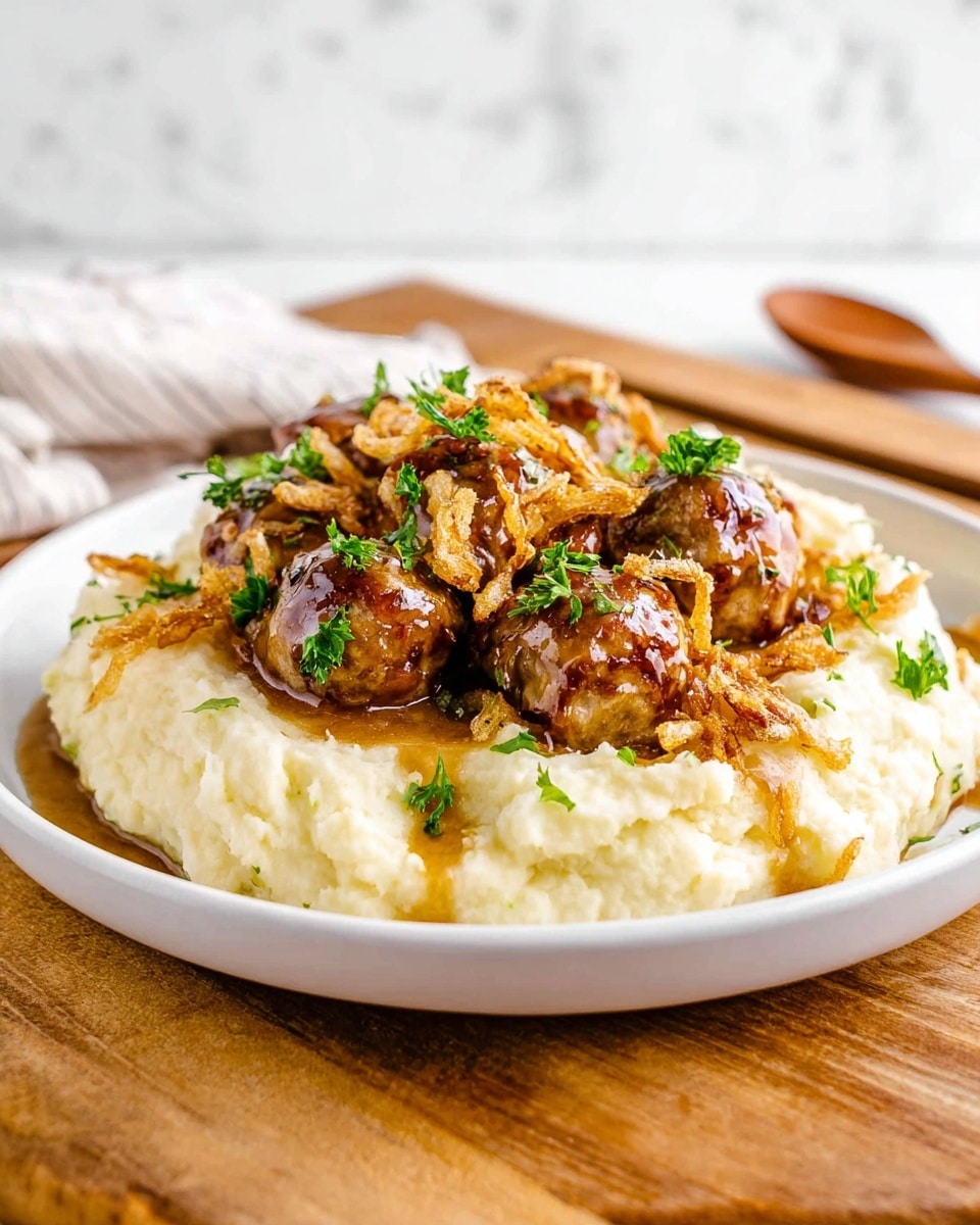 A white plate holds three main layers: the bottom layer is creamy mashed potatoes in a soft white color with a smooth texture, evenly spread. On top of the potatoes, there are several browned meatballs covered in a glossy brown gravy that creates a shiny, rich coating. Scattered crispy golden onion strips sit on the meatballs, adding a crunchy texture. Around the edge of the plate, bright green steamed green beans create a fresh and colorful border. Small bits of fresh green parsley are sprinkled over the dish, adding specks of color. The plate is placed on a white marbled surface. Photo taken with an iphone --ar 4:5 --v 7