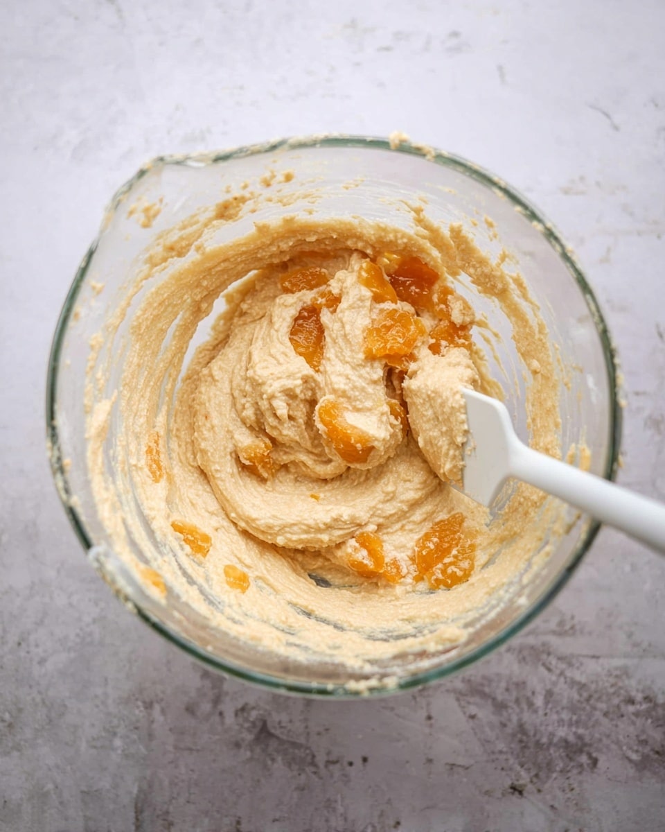 A clear glass bowl on a white marbled surface holds a thick, light beige batter with smooth but slightly grainy texture. Orange chunks are spread unevenly throughout the batter, mostly near the top layer. A white spatula is partially submerged in the batter on the right side of the bowl, showing some batter stuck to it. The glass bowl has a handle and a spout, with some batter residue on the inner sides near the rim. photo taken with an iphone --ar 4:5 --v 7