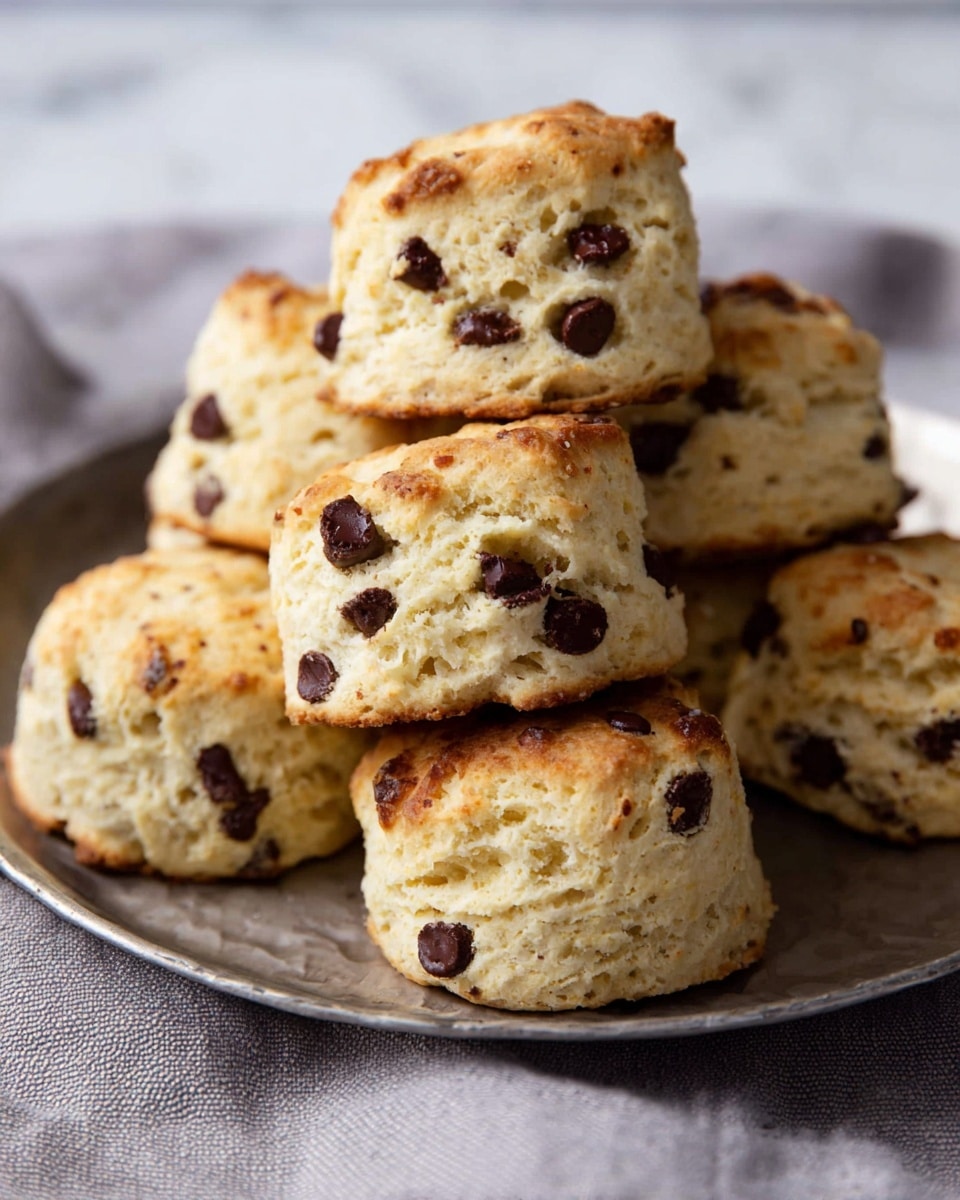 The image shows a close-up of several golden brown chocolate chip scones stacked in a white metal plate. Each scone has a slightly rough and crumbly texture with visible layers of soft dough studded with dark chocolate chips, mostly near the bottom edges and scattered on the top surfaces. The scones display a light flaky crust with some cracks and uneven surfaces, giving a rustic look. The plate rests on a soft light gray fabric, and the background is a white marbled surface. photo taken with an iphone --ar 4:5 --v 7