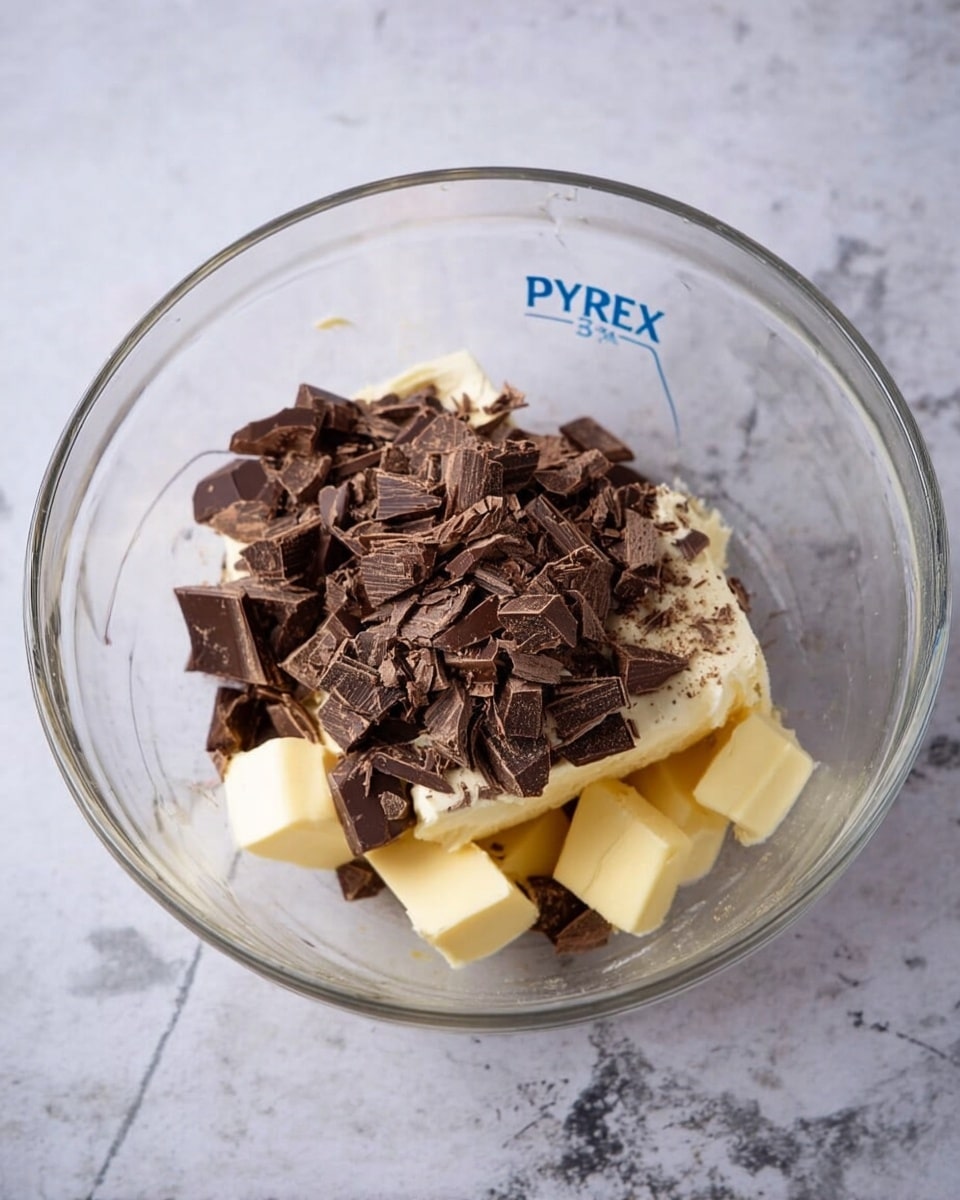 Inside a clear glass mixing bowl on a white marbled surface, there are three layers of ingredients: the bottom layer has a few solid light yellow cubes of butter, the middle layer contains a larger block of creamy white butter, and the top layer is covered with roughly chopped pieces of dark brown chocolate scattered unevenly. The glass bowl shows the brand name