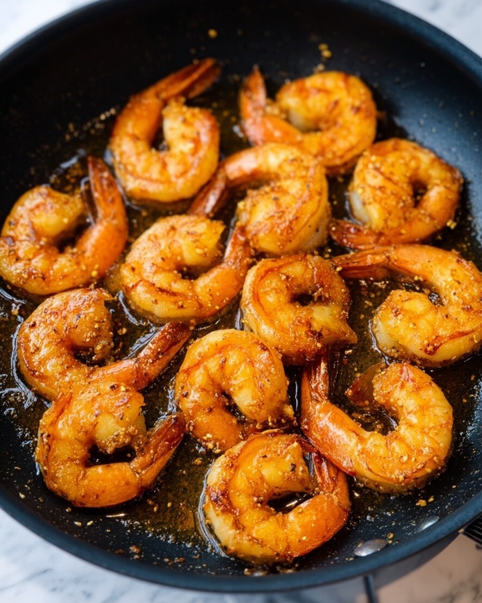 A close-up view of cooked shrimp arranged in a black pan, each shrimp showing a bright orange color with seasoning and slight charring, and a woman's hand squeezing a half-cut yellow lemon over them, highlighting the juicy texture inside the lemon and the shiny, flavorful surface of the shrimp. The pan shows some cooking juices and spices, making the shrimp look fresh and ready to eat, with the background of a white marbled texture photo taken with an iphone --ar 4:5 --v 7