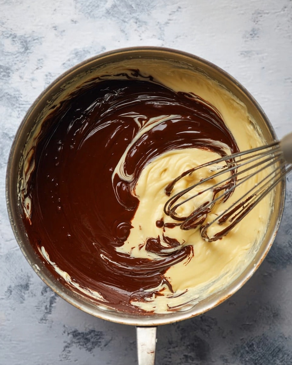 A silver metal pan on a white marbled surface holds two thick layers of mixture, the bottom layer is creamy and pale yellow with a smooth texture, while the top layer is shiny dark brown chocolate being gently mixed in with a metal whisk whose wires are covered in both mixtures, showing swirls of chocolate blending into the yellow base. photo taken with an iphone --ar 4:5 --v 7