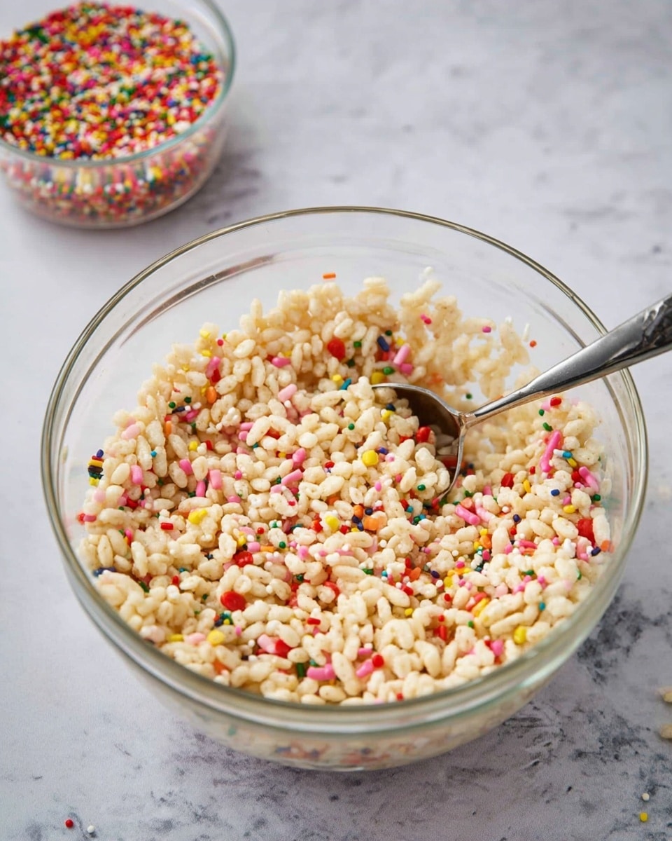 A clear glass bowl filled with a mixture of puffed rice cereal that is pale beige in color, sprinkled with small, colorful round sprinkles in red, yellow, green, pink, and white, creating a lively contrast. The cereal texture looks light and airy, and there is a metal spoon resting inside the bowl, partially submerged in the mixture. In the background is a small clear container filled with more colorful sprinkles. The entire scene is set on a white marbled surface. photo taken with an iphone --ar 4:5 --v 7
