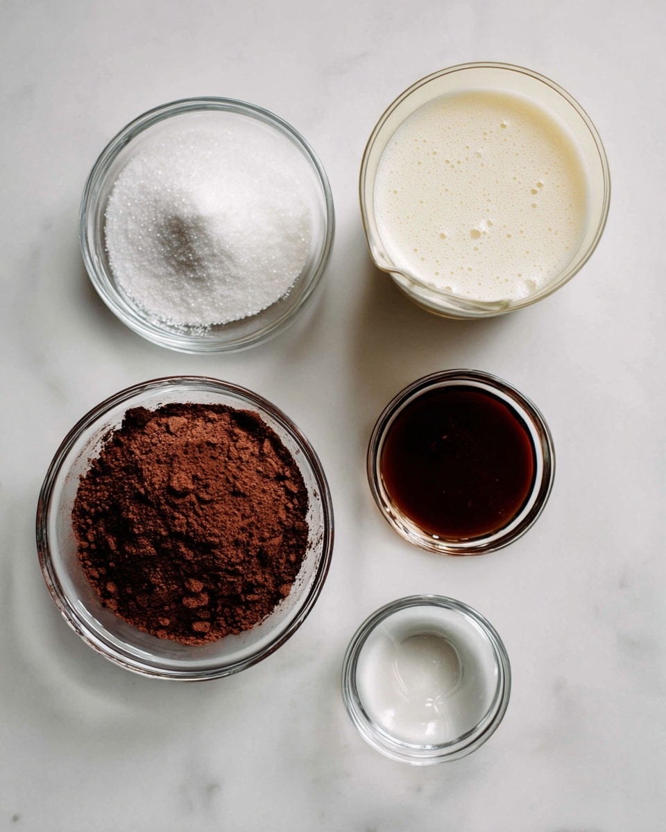 The image shows five clear glass bowls placed on a white marbled surface. One bowl is filled with fine white sugar, positioned on the left side. Below it, a larger bowl contains dark brown cocoa powder with a slightly uneven surface. To the right, there is a small bowl with dark brown vanilla extract in the center. Above this bowl, a larger glass container holds a creamy off-white liquid with small bubbles on top. Lastly, another small bowl containing a clear liquid sits at the bottom right. All the bowls have simple round shapes and smooth textures. Photo taken with an iphone --ar 4:5 --v 7