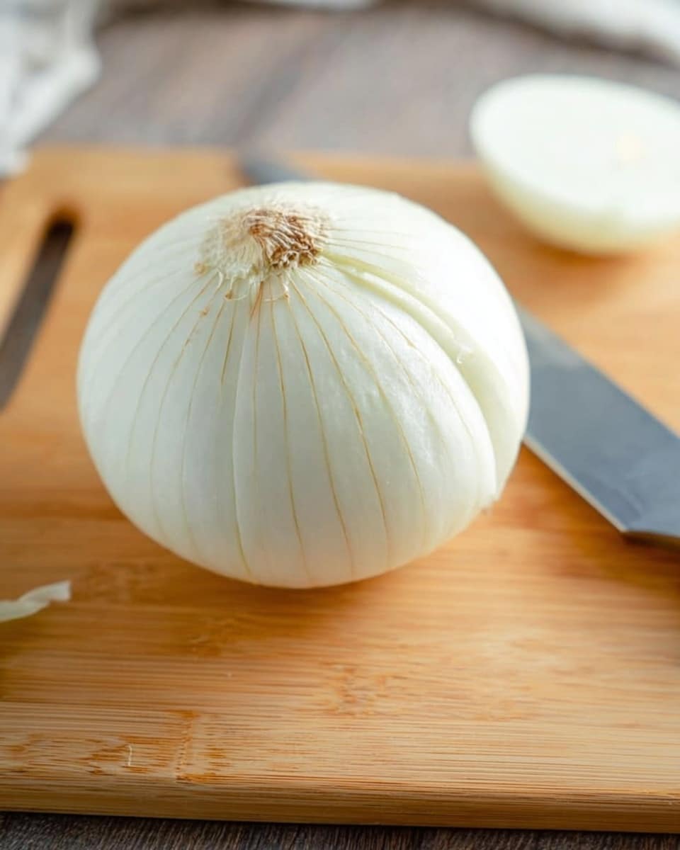 A whole white onion sits on a wooden cutting board with the root side up. The onion has shallow vertical cuts all around its surface, creating segments without fully slicing through. A large knife blade is halfway pushed in from the side, between two of the onion segments. In the background, there is a white onion slice piece placed on the board. The surrounding surface has a smooth wooden texture. photo taken with an iphone --ar 4:5 --v 7