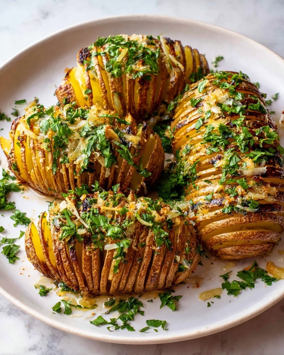 The image shows four baked Hasselback potatoes on a white plate, each potato sliced into many thin, even layers from top to bottom but still connected at the base. The potato slices are golden brown with some crispy edges. Between the layers, there are green herbs and some small bits of light yellow melted butter or cheese. Fresh green chopped parsley is sprinkled generously on top and around the potatoes, adding a fresh, vibrant color contrast. The plate rests on a white marbled surface. The photo taken with an iphone --ar 4:5 --v 7