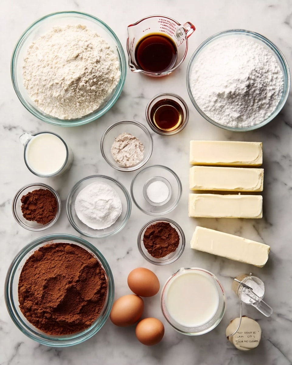 A white marbled surface holds several clear glass bowls and measuring cups filled with baking ingredients. On the top left, a medium bowl contains white flour, next to a measuring cup with dark brown liquid and another with milk. To the right, a large bowl is filled with white powdered sugar, while below are seven sticks of butter arranged in a row on the marble. In the center left, small bowls hold brown cocoa powder, white sugar, and dark vanilla extract. Near the bottom center is a large bowl of rich brown cocoa powder, surrounded by smaller bowls with baking soda, baking powder, salt, and two brown eggs in a small bowl. Toward the bottom right is a measuring cup with a clear liquid and nearby is cream in a clear measuring cup. The composition is neat and organized, showing all raw ingredients for baking clearly photo taken with an iphone --ar 4:5 --v 7