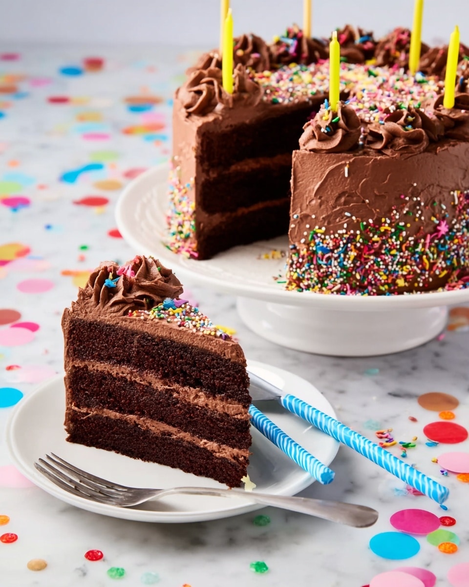 A slice of three-layer chocolate cake is on a white plate with a white fork beside it and a blue striped candle lying horizontally. The cake layers are dark brown with smooth chocolate frosting spread evenly between and around them. The top of the cake slice has swirls of chocolate frosting decorated with colorful sprinkles. Next to the plate, a large chocolate cake missing one slice sits on a white cake stand, showing the same three layers and frosting inside. The whole cake is covered with chocolate frosting, topped with several yellow candles, more swirls, and a mix of bright sprinkles. The scene is set on a white marbled surface with colorful round confetti scattered around. photo taken with an iphone --ar 4:5 --v 7
