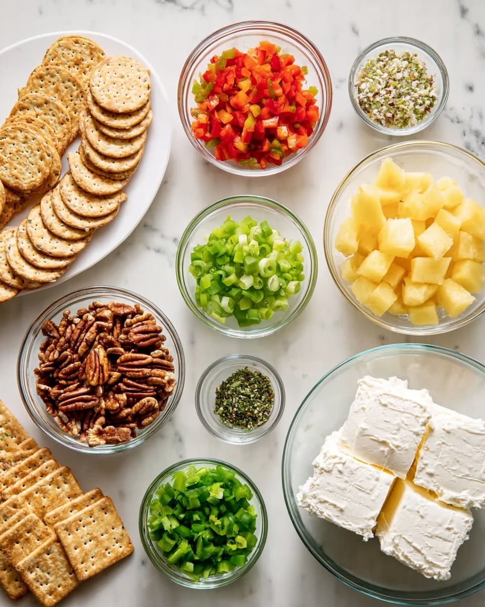 The image shows several small clear bowls arranged on a white marbled surface. Three large blocks of white cream cheese sit in a large bowl on the lower right. Above it is a bowl of smooth yellow pineapple chunks. To the left is a bowl of finely chopped bright red bell pepper. Around these are three small bowls with green chopped celery and green chopped green onion. There are two bowls with chopped brown pecans, one slightly larger than the other. Two tiny bowls hold green herb seasoning and white salt. On the far left, a white plate holds an assortment of tan and light brown round and rectangular crackers, fanned out in a layered pattern. photo taken with an iphone --ar 4:5 --v 7