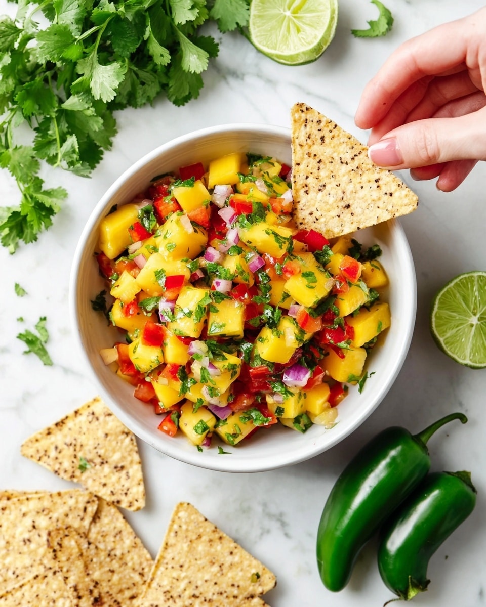 A white bowl filled with a colorful mango salsa containing three main layers: bright yellow mango chunks at the base, topped with red bell pepper pieces and diced red onion, and finished with chopped green cilantro scattered on top. Near the bowl, there are a few triangular tortilla chips with a speckled texture, one held by a woman's hand dipping into the salsa showing pieces of mango, red pepper, and onion on it. The bowl is placed on a white marbled surface surrounded by fresh cilantro sprigs, a whole green jalapeño pepper, and a halved lime with the juicy side facing up. photo taken with an iphone --ar 4:5 --v 7
