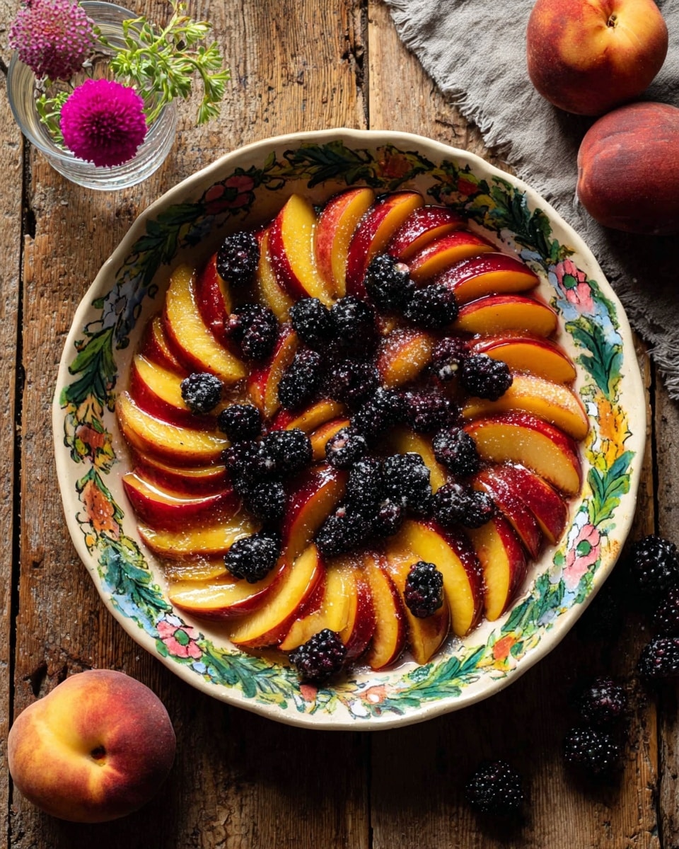 A round white bowl with a colorful floral pattern on the edges filled with two main layers of fruit: the bottom layer shows thick slices of red and yellow peaches arranged closely, and the top layer consists of blackberries scattered evenly over the peach slices, some sprinkled with light sugar granules. The bowl is placed on a rustic wooden surface. Around the bowl, there are whole peaches and loose blackberries and a small glass cup holding a single pink flower and some green stems. photo taken with an iphone --ar 4:5 --v 7