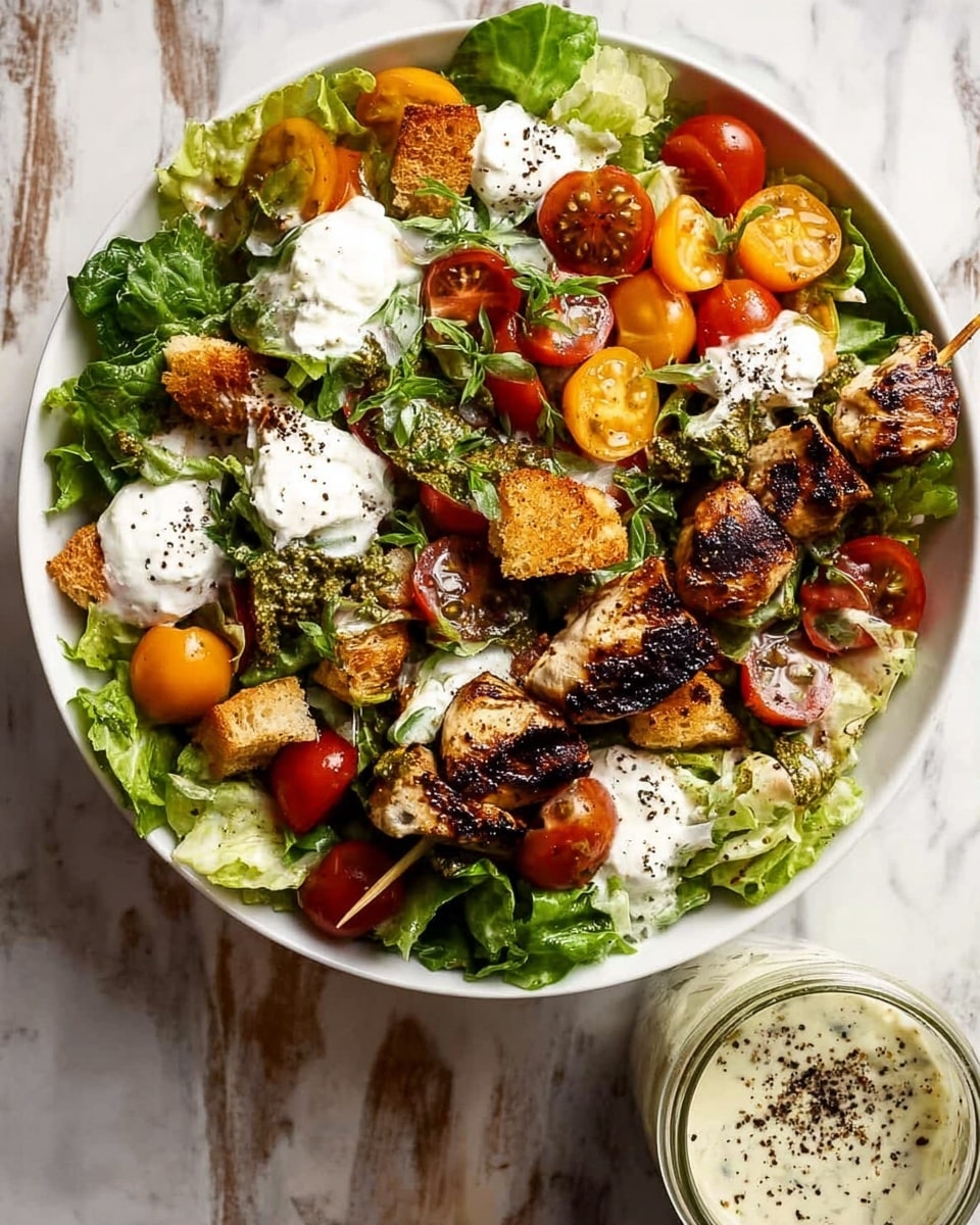 A white bowl filled with a fresh salad sits on a white marbled surface. The bottom layer is made of large green leafy lettuce pieces. On top, there are halved red and orange cherry tomatoes scattered evenly. Grilled skewers with browned, herb-covered chicken pieces lay across the salad near the center. There are several dollops of white creamy cheese and dressing spread over the salad, with some drizzled lightly on the chicken. Golden brown croutons are mixed in among the greens. A green herb garnish adds a fresh look on top of the salad. Nearby, a glass jar of creamy dressing, sprinkled with black pepper, is placed next to the bowl. Photo taken with an iphone --ar 4:5 --v 7