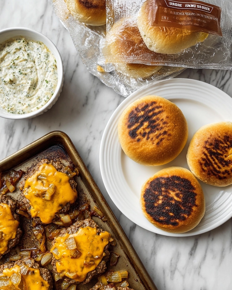 Grilled burger buns are placed in a white plate, showing a golden brown toasted surface with some darker grill marks. To the right of the plate is a clear plastic package with four soft brioche buns inside. Below the buns is a baking tray holding three cooked burger patties topped with melted yellow cheese and golden caramelized onions, with some onions scattered around the tray. To the left side, a small white bowl contains a creamy sauce with green herbs mixed in, and the background is a white marbled surface. Photo taken with an iphone --ar 4:5 --v 7