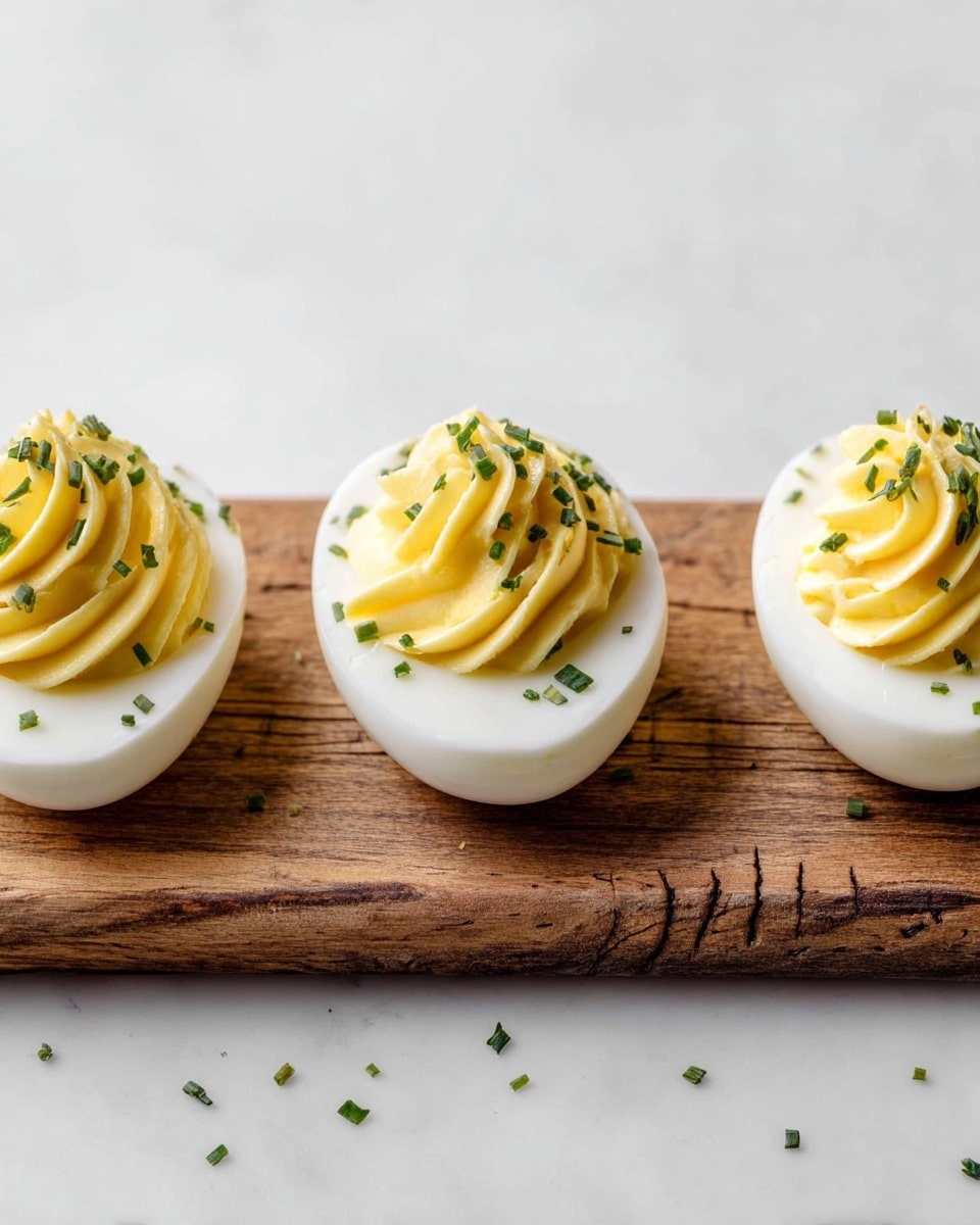 The image shows three halves of boiled eggs placed in a row on a wooden board, each filled with a smooth, creamy yellow yolk mixture that is piped in a decorative swirl on top. The egg whites are white with a smooth texture, and the yellow filling is topped with small green herb pieces that add a fresh look. The wooden board has a natural brown color with visible grain and cracks, and the background and surface below are a clean white marble texture with a few scattered herb bits. Photo taken with an iphone --ar 4:5 --v 7