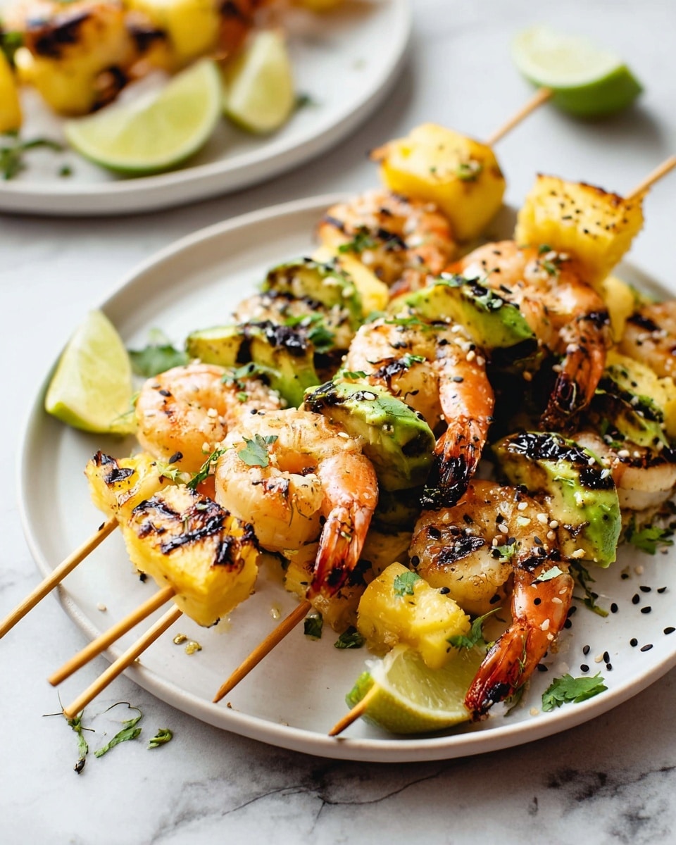 Several wooden skewers lie on a white plate with a white marbled surface underneath. Each skewer has three main layers repeated closely: a piece of charred avocado with dark grill marks and a soft green interior, a chunk of grilled pineapple with yellow flesh and browned grill lines, and pink shrimp with a slightly curled shape and some blackened spots. Fresh green herbs and black sesame seeds are sprinkled over the skewers. Two lime wedges with a bright green skin and juicy pale green inside sit near the edge of the plate. In the background, another white plate with similar skewers is slightly out of focus. Photo taken with an iphone --ar 4:5 --v 7