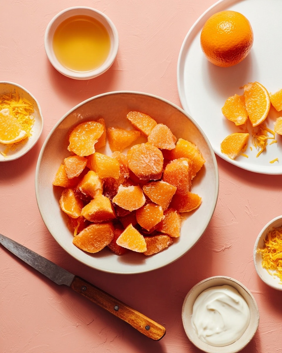 A white bowl filled with many small, orange pieces of fruit with a rough texture, stacked inside. Next to the bowl, a white plate holds one whole orange fruit and some pieces of the same fruit next to a knife with a wooden handle. Around the bowl, three small white bowls hold a golden liquid, bright yellow shredded food, and white creamy food. The scene is set on a smooth pink surface. photo taken with an iphone --ar 4:5 --v 7
