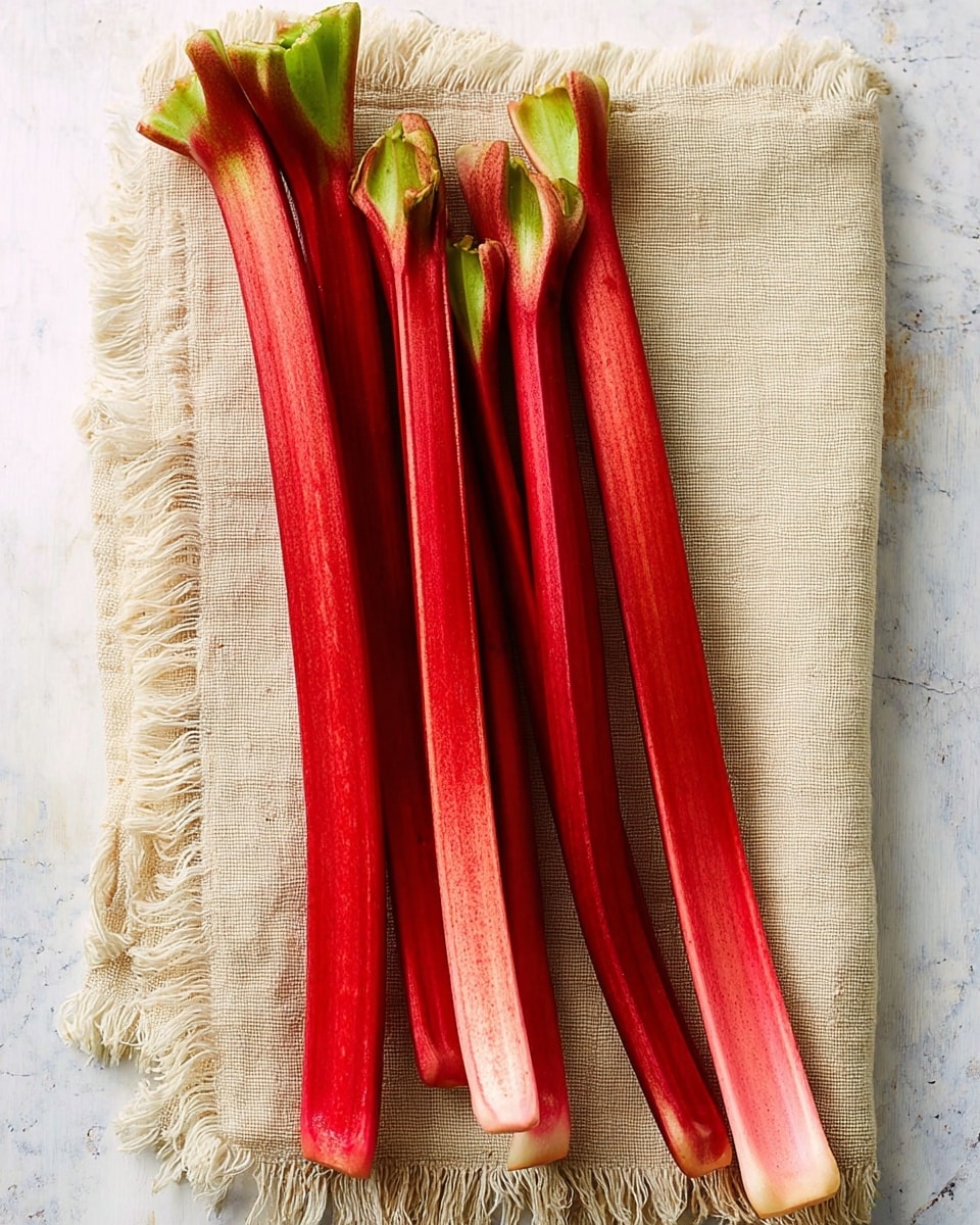 The image shows five long stalks of bright red rhubarb with green leaf tips, lying side by side on a light beige cloth with fringed edges. The cloth is placed on a surface with a white marbled texture. The rhubarb stalks have a smooth and slightly glossy texture with some pale pink and white streaks along the sides. Each stalk is straight or slightly curved and tapers off at the bottom. The overall scene has soft natural lighting and a simple, fresh look. photo taken with an iphone --ar 4:5 --v 7