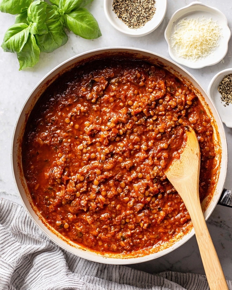 A deep white pan filled with thick red sauce mixed with small chunky pieces of vegetables and lentils, the sauce has a shiny and slightly wet texture. A wooden spoon with a light natural wood color is partly dipped in the sauce, showing a smooth and slightly rough consistency. To the upper left, fresh green basil leaves add a pop of bright color, while at the top right there are small white dishes, one with finely grated white cheese and the other with mixed black and white pepper. The background is a white marbled surface with a clean and bright look, and a striped cloth can be seen peeking from the bottom right corner. Photo taken with an iphone --ar 4:5 --v 7