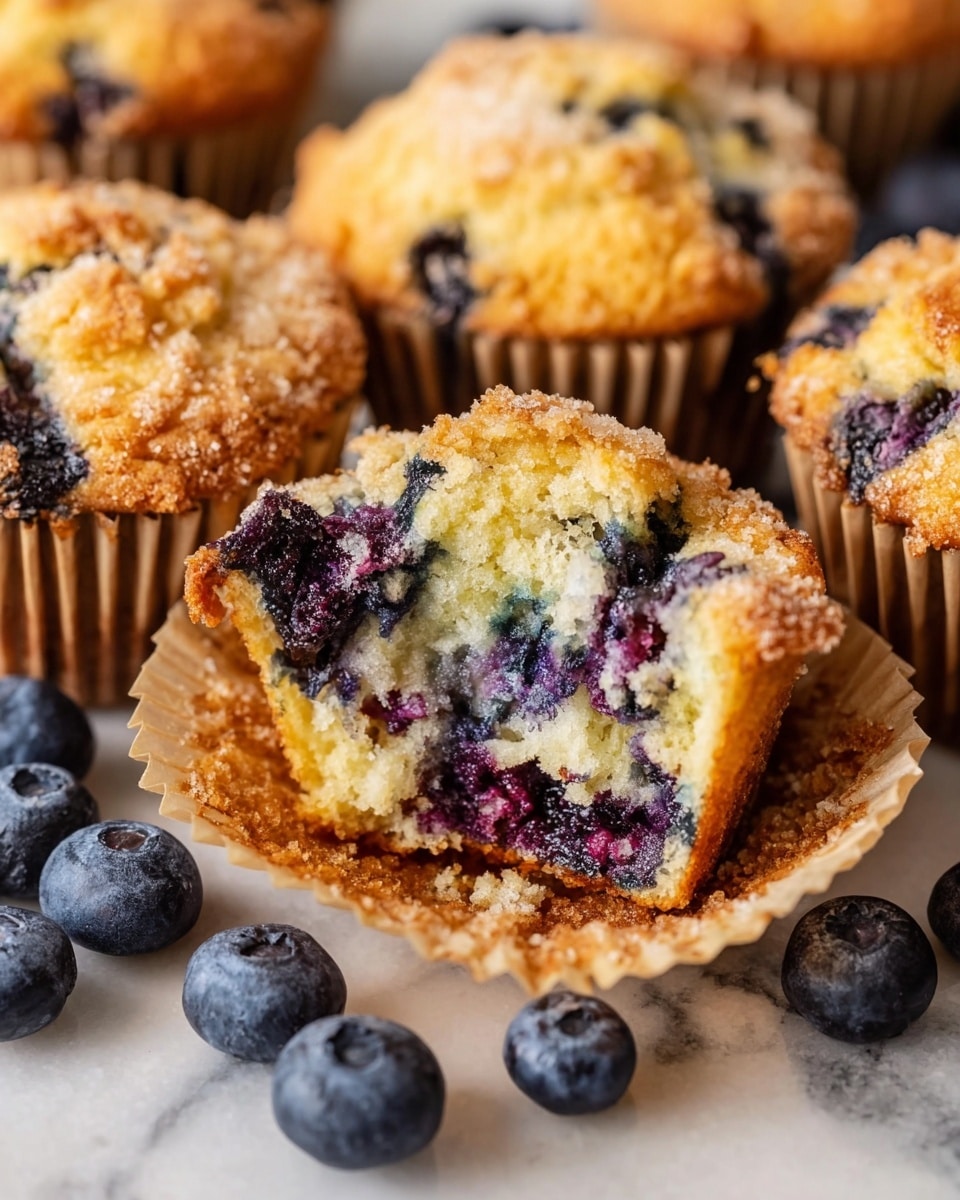 The image shows a close-up of a group of blueberry muffins in light brown paper liners. The central muffin is partially eaten, revealing a soft, yellow crumb with lots of dark blue and purple blueberries spread inside and on the top. The muffins have a rough, crumbly textured golden-brown top with some sugar crystals sprinkled on. Around the muffins, fresh blueberries are scattered, all arranged on a white marbled surface. photo taken with an iphone --ar 4:5 --v 7