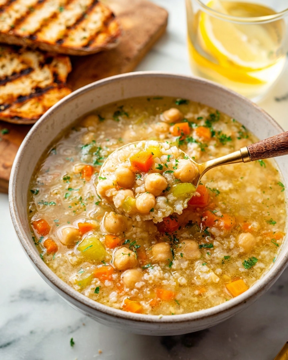 A deep white bowl filled with a chickpea and vegetable soup showing multiple layers: light yellow broth with shiny clear texture around soft white grains, beige chickpeas, and small diced orange carrots and pale green celery pieces scattered throughout, topped with green herb bits. A spoon with a golden scoop and wooden handle is lifting some soup, showing the thickness and mix of ingredients. Behind the bowl, slices of grilled bread with brown grill marks and a glass of yellow liquid with a lemon slice inside sit on a white marbled surface. Photo taken with an iphone --ar 4:5 --v 7