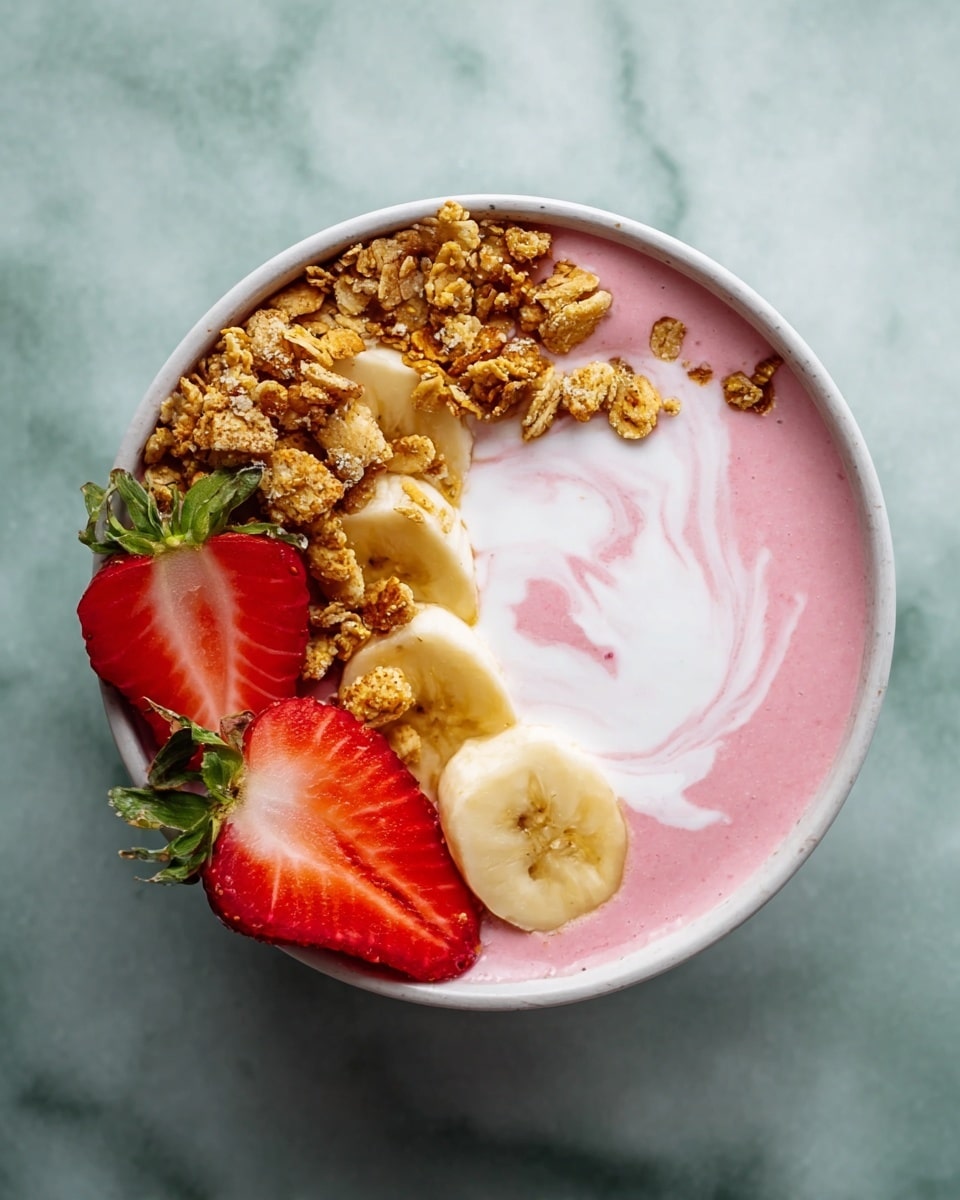 A white bowl filled with smooth, pink yogurt forming the first thick layer, topped with a swirl of creamy white yogurt in an irregular pattern. On one side, golden crunchy granola clusters are scattered, adding texture. On the other side, slices of ripe banana with a pale yellow color sit beside fresh, bright red strawberry slices with the green leafy tops still attached. The bowl is placed on a white marbled surface. photo taken with an iphone --ar 4:5 --v 7