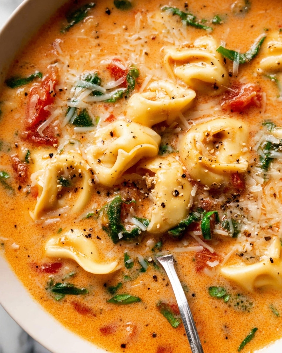 The image shows a creamy orange soup filled with several light yellow tortellini pieces floating throughout. The soup has visible small chunks of red tomatoes and green leafy herbs scattered all over. There are fine shreds of white cheese sprinkled on top along with small black pepper specks, adding texture and contrast. A shiny silver spoon is partially dipped into the soup, resting among the tortellini and herbs. The background is a white marbled texture. photo taken with an iphone --ar 4:5 --v 7