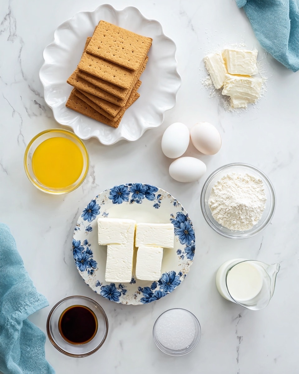 The image shows an overhead view of several ingredients laid out on a white marbled surface. There is a white scalloped plate at the top left with six rectangular golden-brown graham crackers neatly stacked. Below, to the left, is a small clear glass bowl filled with a bright yellow liquid, and next to it, a smaller bowl with a white powder, likely flour. In the middle right, a white plate with a blue flower pattern holds five large blocks of creamy white cream cheese. Nearby, a clear glass bowl contains two white eggs. To the right of the eggs, a white glass holds a small amount of white liquid, probably milk. In the center bottom, a tiny glass bowl with dark brown liquid sits near a small pile of white granulated sugar, which is in a large clear bowl at the top center. The scene is bright, clean, and well organized, with a few pieces of blue cloth partially visible on the left and right edges. photo taken with an iphone --ar 4:5 --v 7