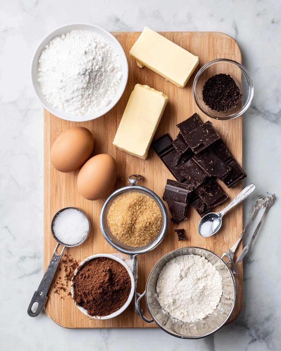 A wooden board holds several ingredients arranged neatly for baking. On the top left, there is a white bowl filled with white sugar, and below it, two rectangular blocks of yellow butter lie side by side. Next to the butter, there are three brown eggs placed together. In the center of the board, a small metal sieve contains light brown powder, likely cocoa. To the right of the cocoa, there are broken pieces of dark chocolate scattered. Below the chocolate, a small white bowl is full of brown sugar. At the bottom right, a metal sieve filled with white flour sits on the board. Two small metal spoons, one with vanilla extract and the other with white salt, are near the eggs. To the top right, a small clear glass bowl contains a fine black powder, possibly coffee or espresso. The whole setup rests on a white marbled textured surface photo taken with an iphone --ar 4:5 --v 7