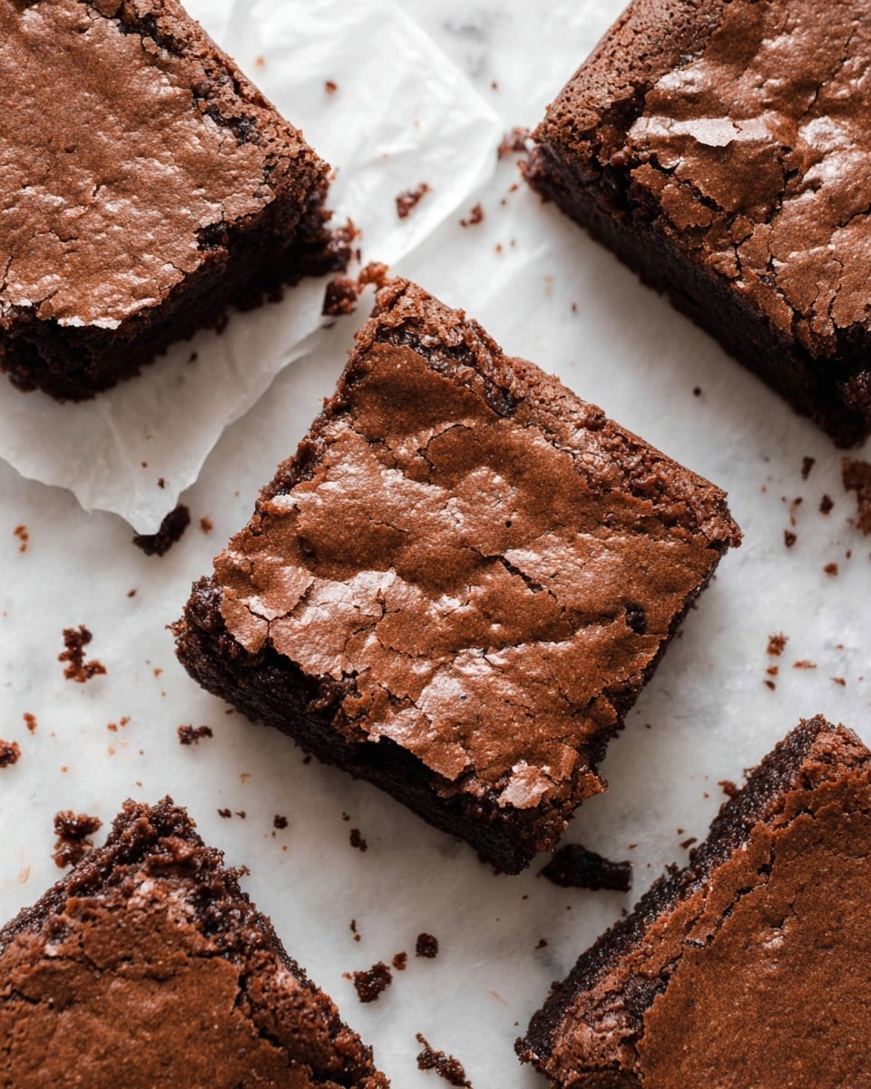 A single square brownie with a cracked, shiny top texture sits at the front, showing a dense and slightly crumbly dark brown inside. Behind it, a clear glass mug with a handle is filled almost to the top with white milk. In the blurry background, there are more pieces of the same brown brownies placed on a white round plate that rests on a white marbled surface. A white cloth with black lines is partially visible near the brownies, and small brownie crumbs are scattered on the white marbled surface. photo taken with an iphone --ar 4:5 --v 7