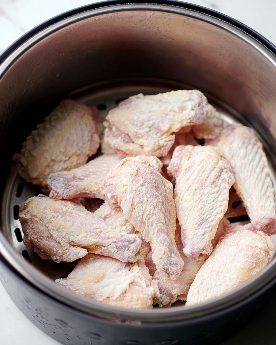 The image shows a close-up of seven raw chicken wings covered in a light layer of flour, arranged loosely inside a round dark metal steamer basket with holes at the bottom. The chicken wings have a pale pink and white color with a powdery texture from the flour on their surface. The metal basket has a shiny, smooth inner side with perforations visible under the chicken wings. The background is a white marbled texture. photo taken with an iphone --ar 4:5 --v 7
