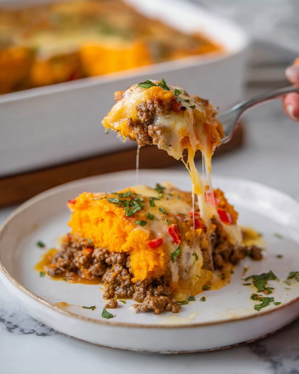 A close-up of a white plate holding a layered dish with three main layers: the bottom layer is cooked ground meat with a brown color and crumbly texture; the middle layer has melted cheese that is stretchy and light yellow, mixed with small pieces of red bell pepper; the top layer is a bright orange mashed sweet potato with a soft, slightly chunky texture. A silver fork held by a woman's hand is lifting a portion of the dish, showing cheese strings stretching between the plate and the fork. Small bits of green herbs are sprinkled on top and around the plate, all set on a white marbled surface with part of a white baking dish filled with the same dish blurred in the background. Photo taken with an iphone --ar 4:5 --v 7