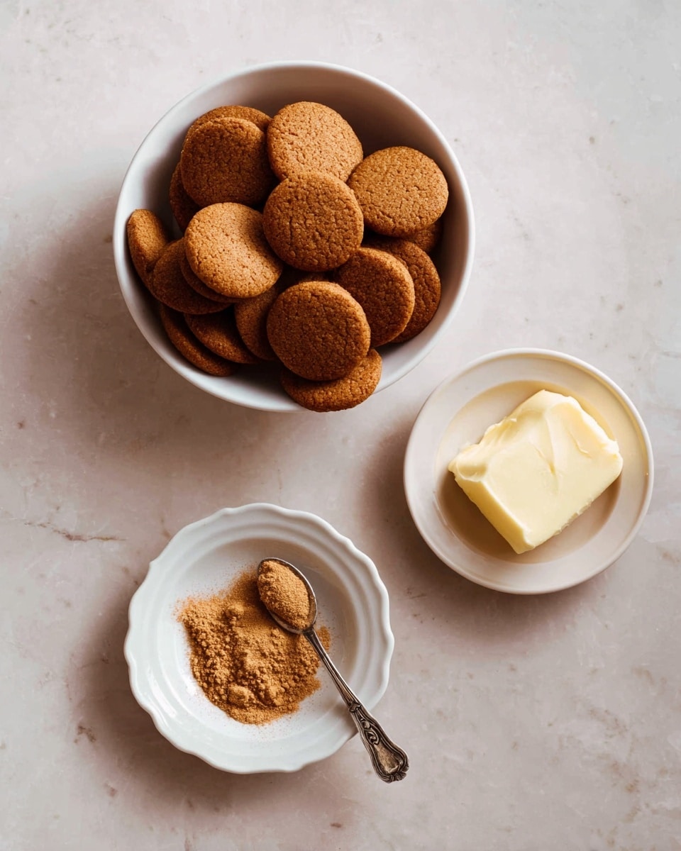 The image shows three white bowls on a white marbled surface. The largest bowl is filled with round, brown cookies stacked and overlapping inside. To the upper right is a smaller bowl holding a block of pale yellow butter. Below these bowls is a smaller white plate with a spoon resting on it; the spoon contains a pile of brown powder, next to a small round mound of the same powder on the plate. Photo taken with an iphone --ar 4:5 --v 7
