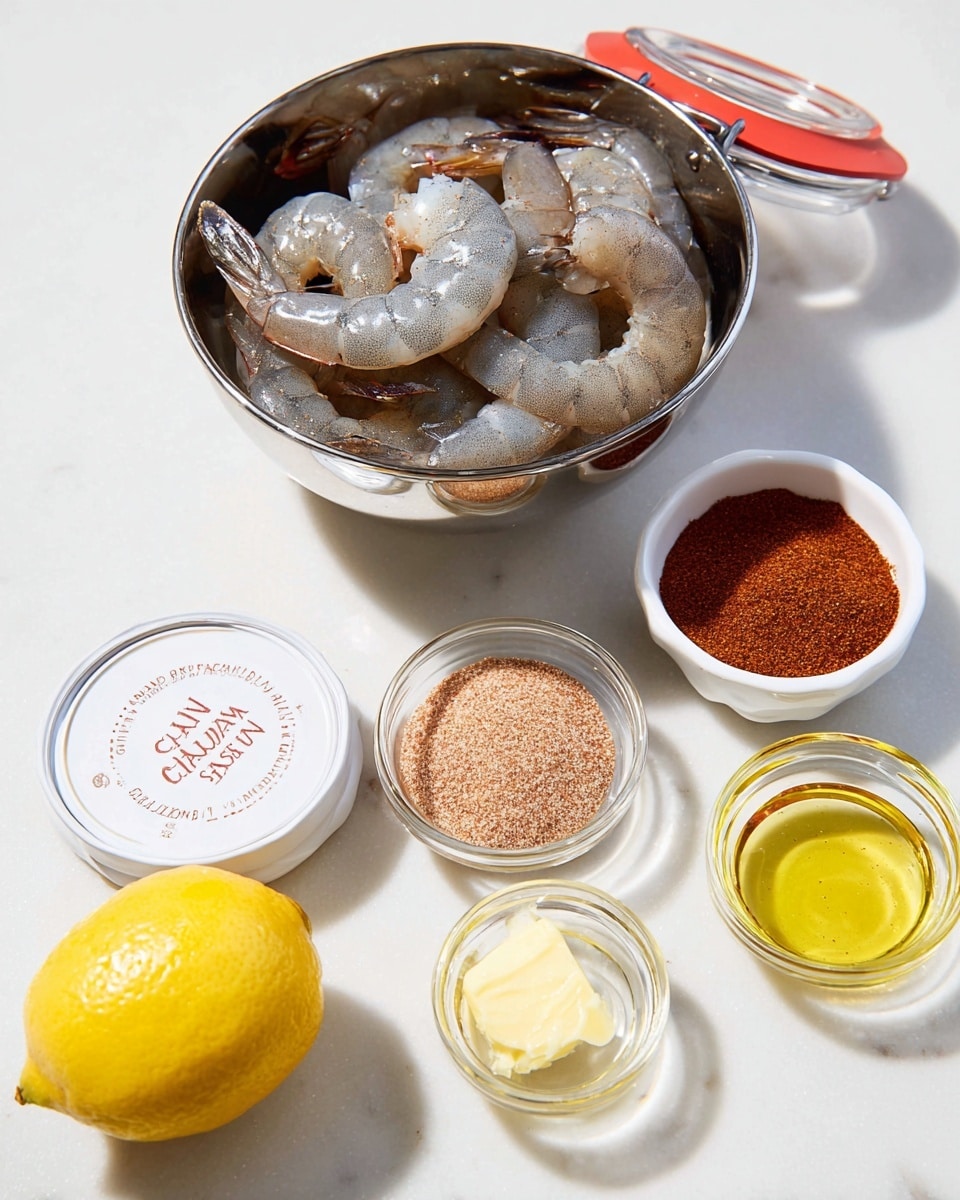 A shiny silver bowl filled with raw gray shrimp with tails on sits on a white marbled surface. Nearby, a clear glass jar with a red seal and metal latch displays a label reading