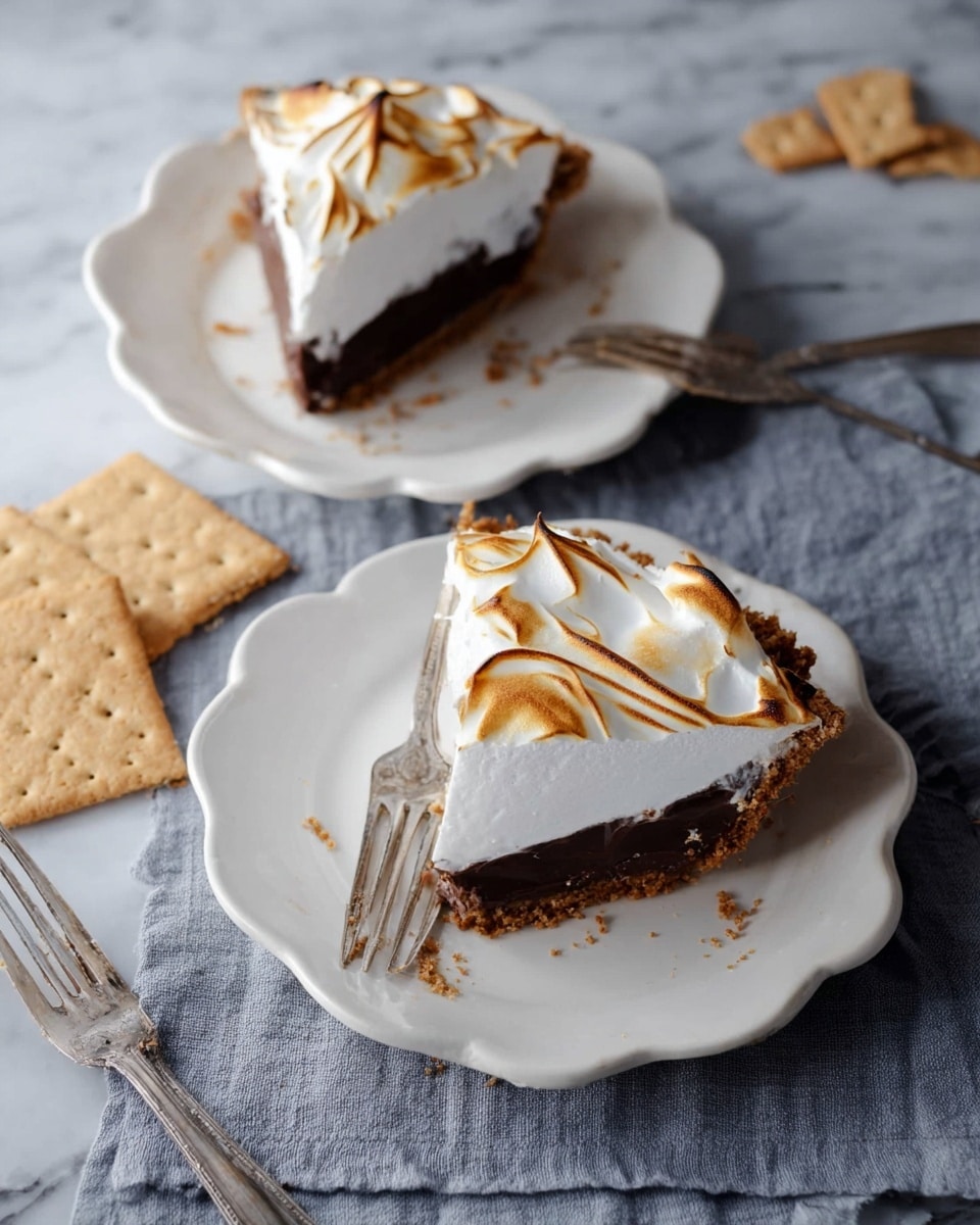 Two slices of pie are placed on white plates with a scalloped edge, each slice showing three layers: a brown crumbly crust at the bottom, a thick dark chocolate filling in the middle, and a fluffy white meringue layer on top with golden toasted swirls. The plates sit on a gray cloth on a white marbled surface with a few square graham crackers nearby. Two vintage metal forks rest next to the pie with a woman's hand about to pick one up. The scene is softly lit, highlighting the creamy texture of the meringue and the rich color contrast between the layers. photo taken with an iphone --ar 4:5 --v 7