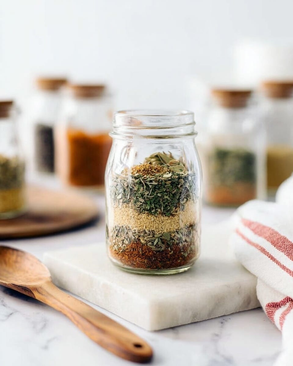 A small clear glass jar filled with a blend of greenish-brown dried herbs and spices sits centered on a white marbled square tile. In the background, out of focus, are other clear glass jars containing various spices in different colors like yellow, orange, and light green on a white marbled surface. The scene is bright and clean, with kitchen tools and a white towel with red stripes arranged softly in the background. photo taken with an iphone --ar 4:5 --v 7