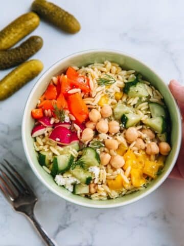 Dill Pickle Chickpea Orzo Salad Recipe