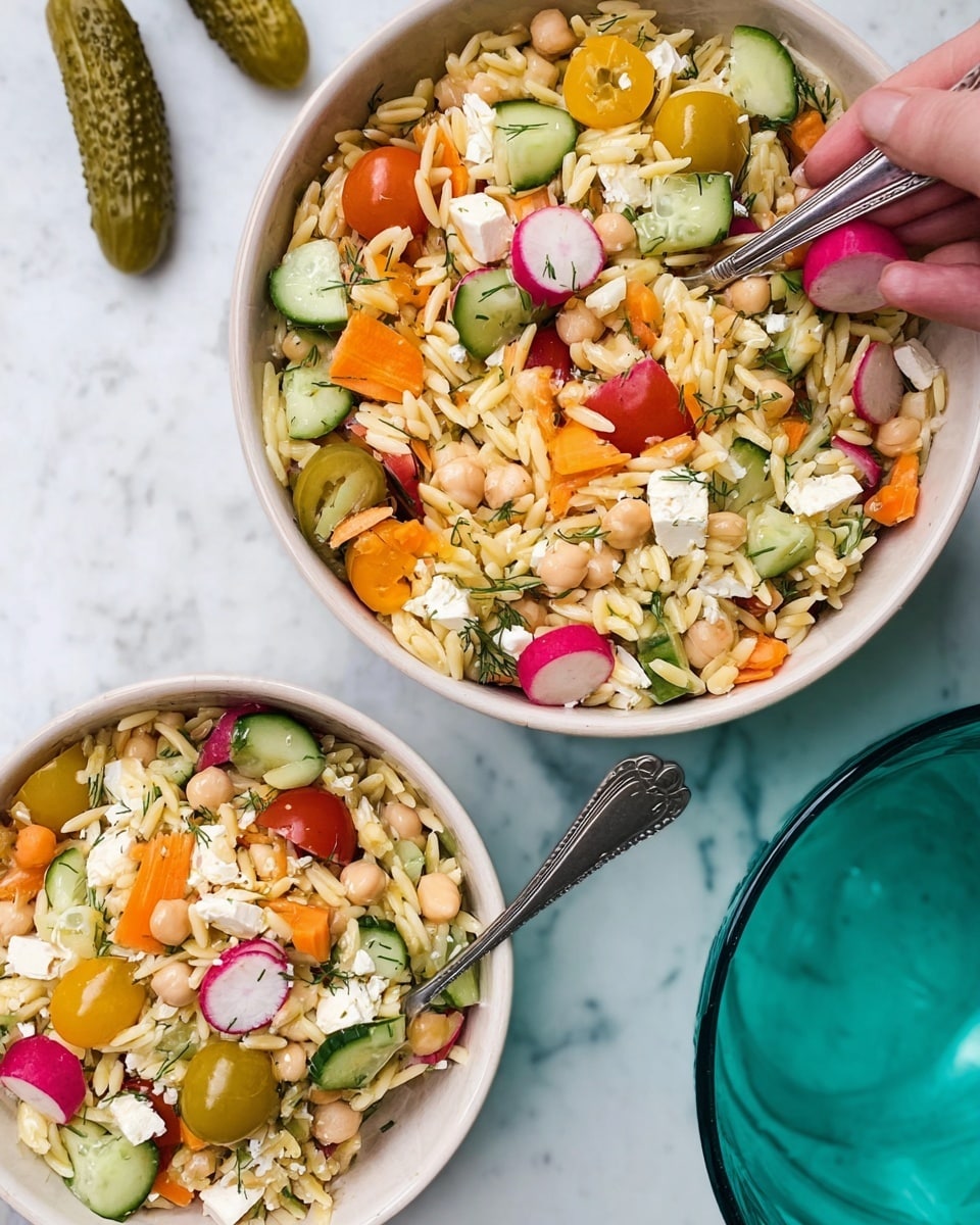 The image shows two white bowls filled with a colorful orzo salad on a white marbled surface. The salad has several layers: the base layer is small, light yellow orzo pasta pieces mixed with orange carrot chunks; scattered among these are creamy white cubes of feta cheese and pale beige chickpeas. Slices of bright red radishes and green cucumber pieces add pops of color throughout. There are also shiny, yellow and red grape tomatoes, and small pickle slices. Around the bowls, whole small pickles are scattered, with a silver fork lying nearby. A woman's hand holding a spoon is partially visible in the large bowl. The background includes a blurry teal object. photo taken with an iphone --ar 4:5 --v 7