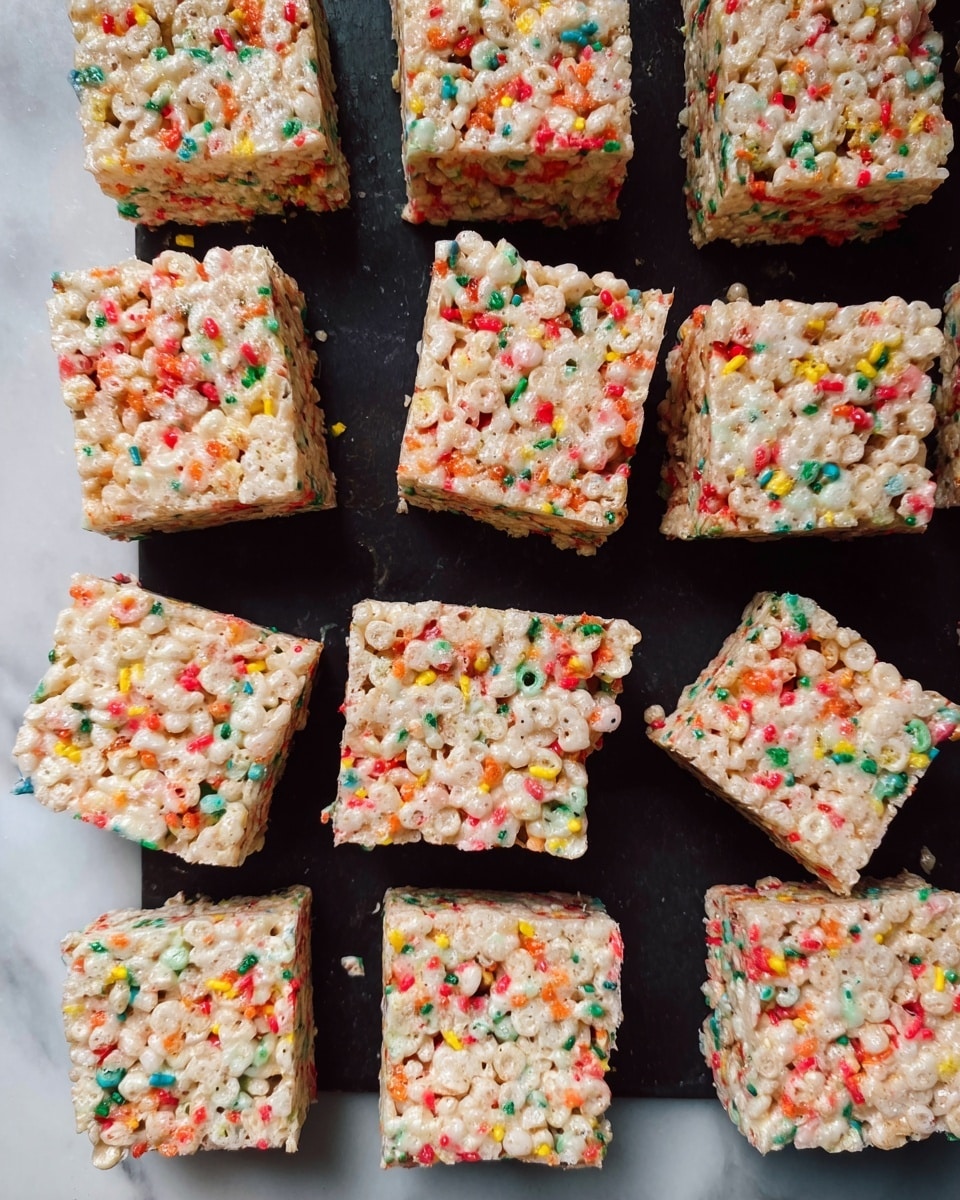 There are fifteen square pieces of a cereal treat arranged neatly on a dark surface. Each piece shows a mixture of small white rice cereal clusters combined with colorful bits of scattered sprinkles in bright red, green, yellow, and orange. The texture looks slightly sticky but firm, holding each square shape clearly. The squares are cut evenly and placed close together with one piece slightly rotated in the center. The scene is set on a white marbled background. Photo taken with an iphone --ar 4:5 --v 7
