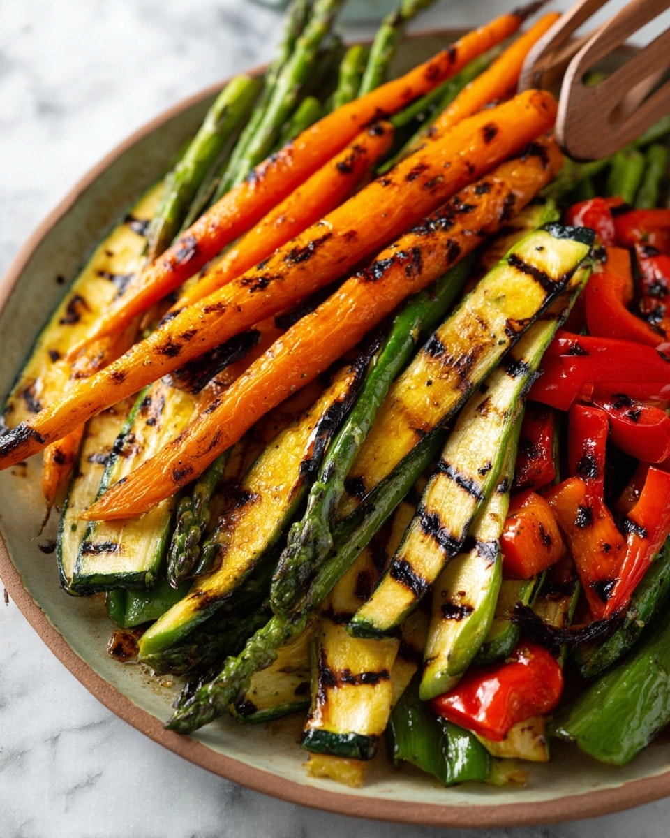 A large plate holds a mix of grilled vegetables arranged in layers: long orange carrots with char marks lay across the plate, mixed with bright green asparagus stalks that have a slight shine. Underneath and between these are pale yellow zucchini slices with grill lines, and scattered pieces of red bell pepper adding bright flashes of color. The vegetables are slightly smoky with blackened spots on their skins. In the background, wooden tongs touch the food. The plate sits on a white marbled surface. photo taken with an iphone --ar 4:5 --v 7