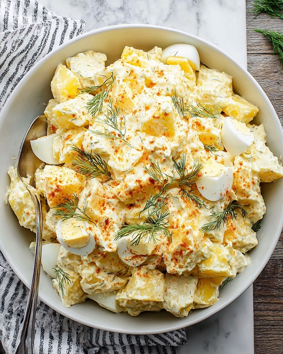 The image shows a close-up of a creamy potato salad made of pale yellow potato pieces evenly coated with a smooth, thick, light yellow dressing. Small green dill sprigs are scattered on top, adding a fresh contrast, while a light dusting of brown spice is seen throughout the salad. The texture appears soft and creamy with a few small chunks visible, all placed on a white marbled surface. photo taken with an iphone --ar 4:5 --v 7