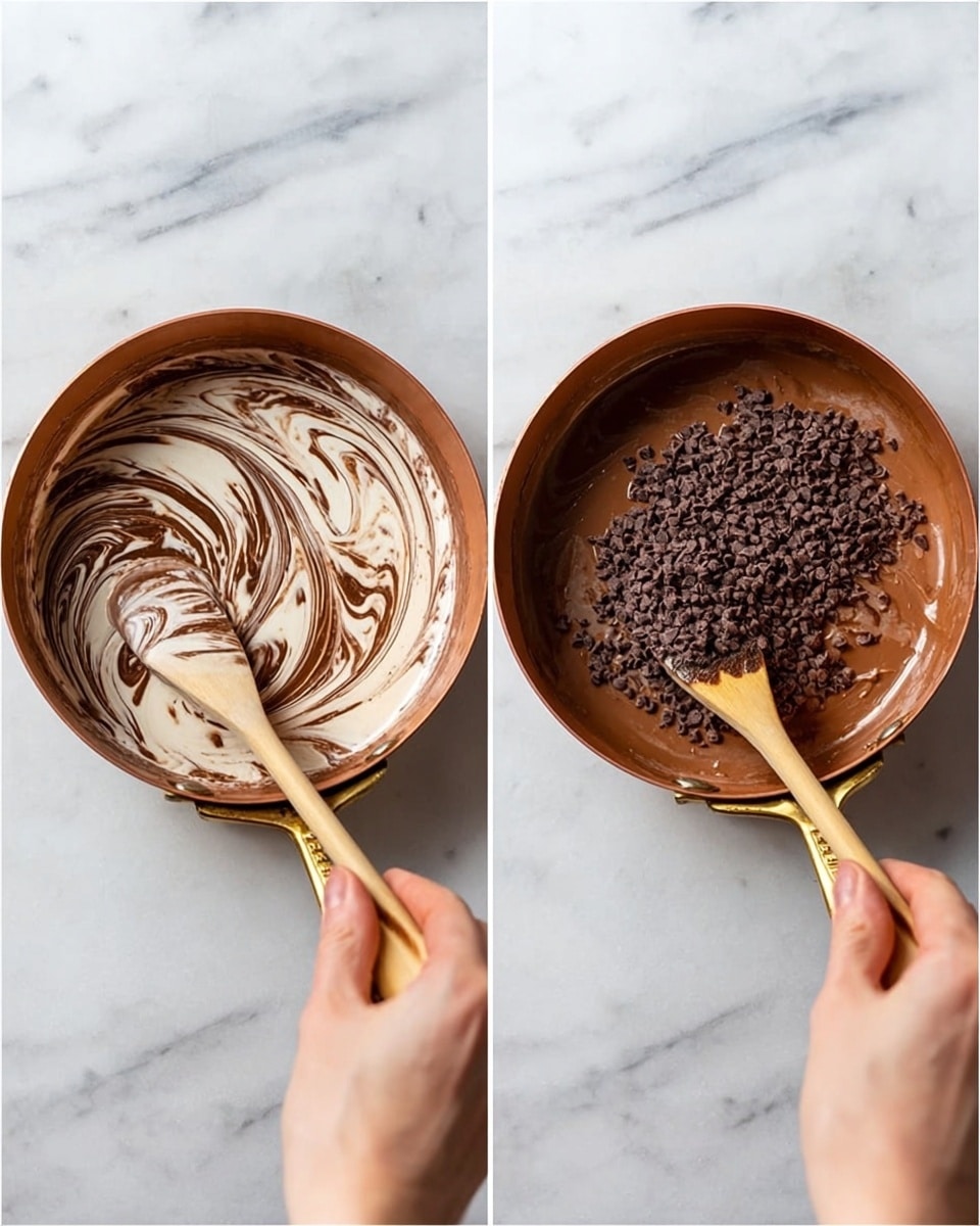 Two side-by-side photos show a small copper pan with a golden handle held over a white marbled surface. In the first photo, a woman's hand stirs swirls of thick white and light brown cream in the pan with a light wooden spatula, creating a marbled pattern. In the second photo, the woman's hand adds a pile of small dark brown chocolate chips on top of the light brown mixture, with the spatula gently mixing the chips into the creamy base. Photo taken with an iphone --ar 4:5 --v 7