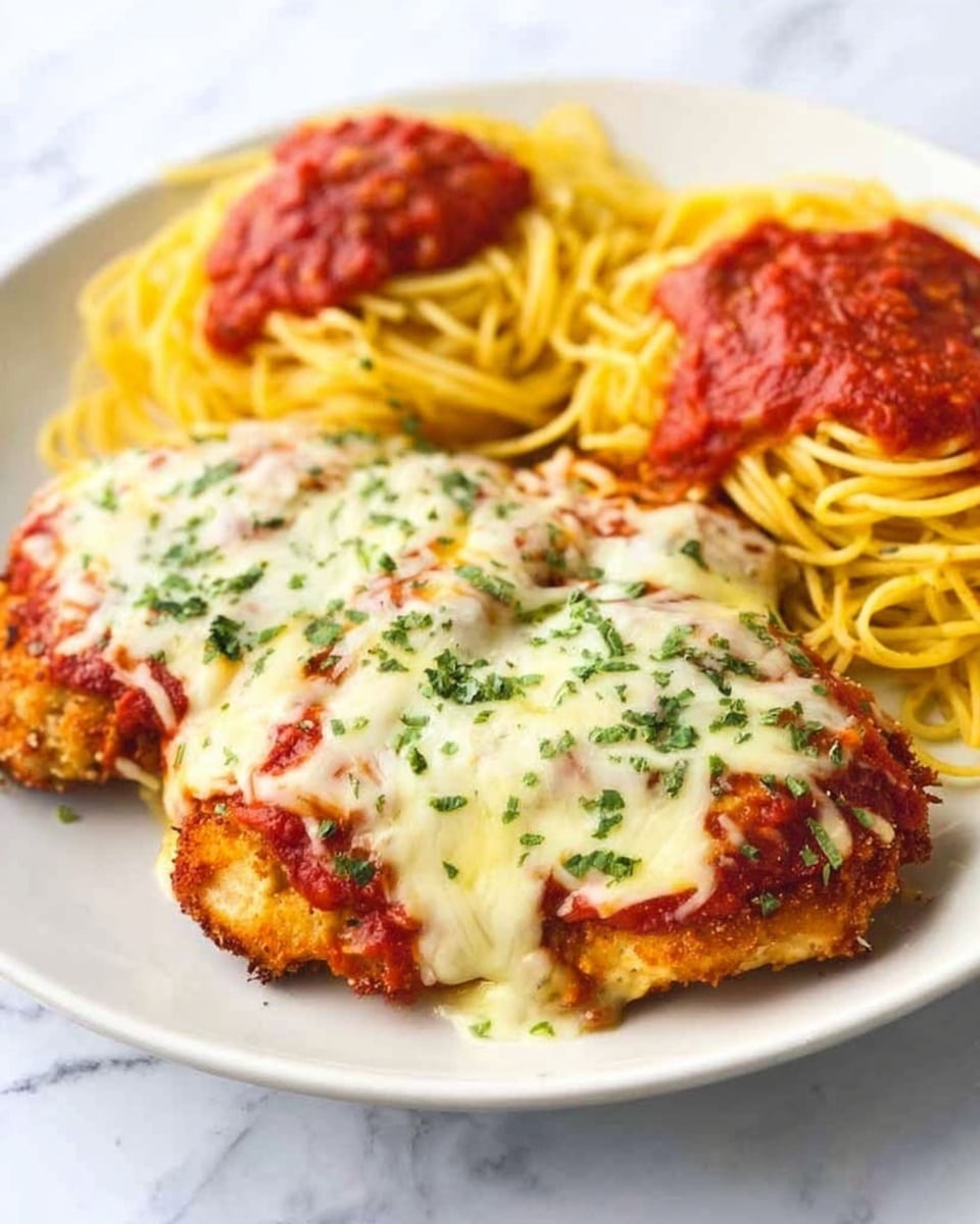 A white plate holds two pieces of chicken parmesan topped with melted white cheese sprinkled with green herbs and red tomato sauce. Behind them are two nests of yellow spaghetti pasta, each covered with red tomato sauce. The background surface is a white marbled texture. Photo taken with an iphone --ar 4:5 --v 7