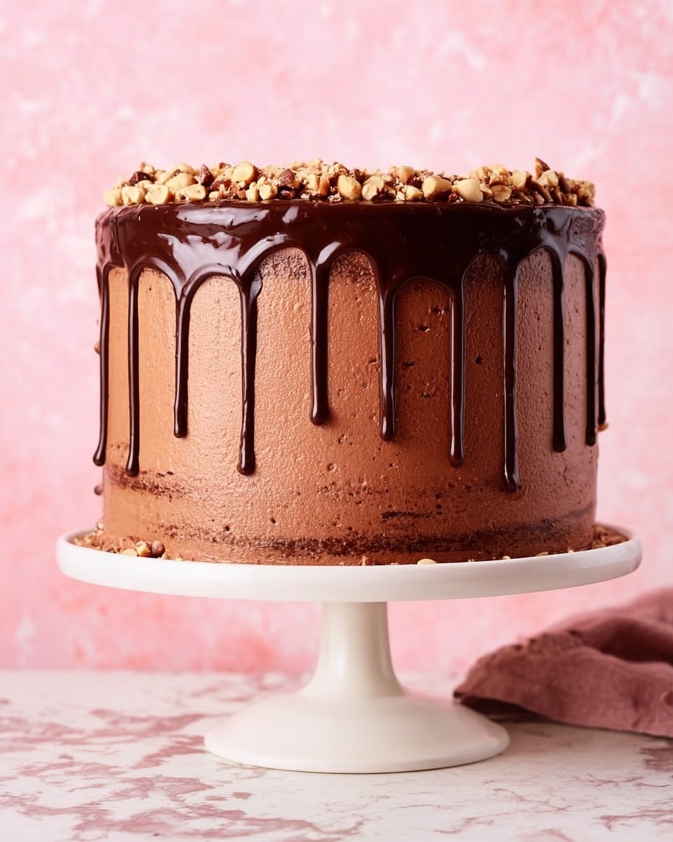 A tall chocolate cake with smooth milk chocolate frosting covering the entire surface stands on a white cake stand. The cake has three thick layers inside, each separated by a layer of the same chocolate frosting. Dark chocolate glaze drips down from the top edges in uneven lines, and the top is decorated with a ring of chopped nuts around the edge. The background is a soft pink color with a white marbled texture surface underneath the cake stand. Photo taken with an iphone --ar 4:5 --v 7