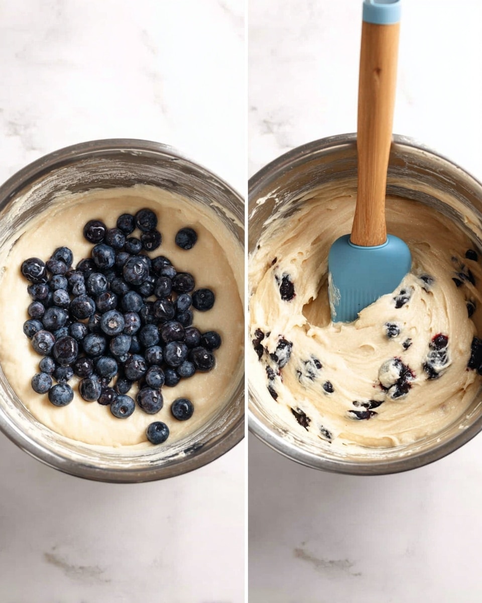 Two images side by side show the process of mixing blueberry muffin batter in a silver metal bowl on a white marbled surface. The left image shows a layer of thick, pale off-white batter in the bowl with a pile of fresh dark blue blueberries on top, and a wooden-handled blue spatula resting in the batter. The right image shows the same bowl with the batter fully mixed together, creating a creamy texture with blueberries evenly spread inside. The spatula is mid-mix, lifting some batter. photo taken with an iphone --ar 4:5 --v 7