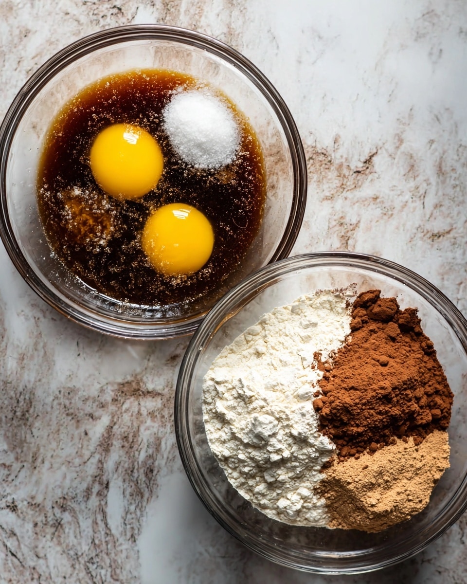 Two clear glass bowls sit side by side on a white marbled surface. The bowl on the left has a mix of ingredients including two whole raw eggs with bright yellow yolks, white granulated sugar, melted brown sugar, and a dark liquid, all blending together with a sticky texture. The bowl on the right contains dry ingredients: white flour, cocoa powder in two shades of brown, and light brown powder, arranged in neat sections without mixing. The background is a white marbled texture, making the colors of the ingredients stand out clearly. photo taken with an iphone --ar 4:5 --v 7
