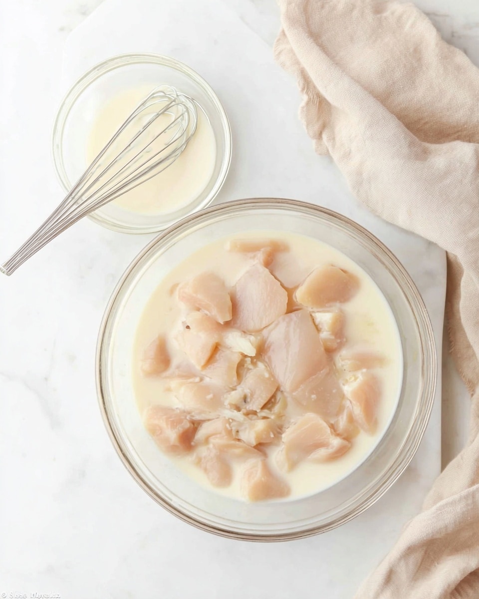 A clear glass bowl sits on a white marbled surface filled with pale beige pieces of raw chicken submerged in an opaque creamy liquid. Above it to the left is another smaller clear glass bowl holding a silver whisk with a small amount of white liquid inside. A soft beige cloth is draped in the top right corner of the image, adding a gentle texture contrast. The lighting is bright and soft, highlighting the smooth textures of the bowls and the creamy liquid inside photo taken with an iphone --ar 4:5 --v 7