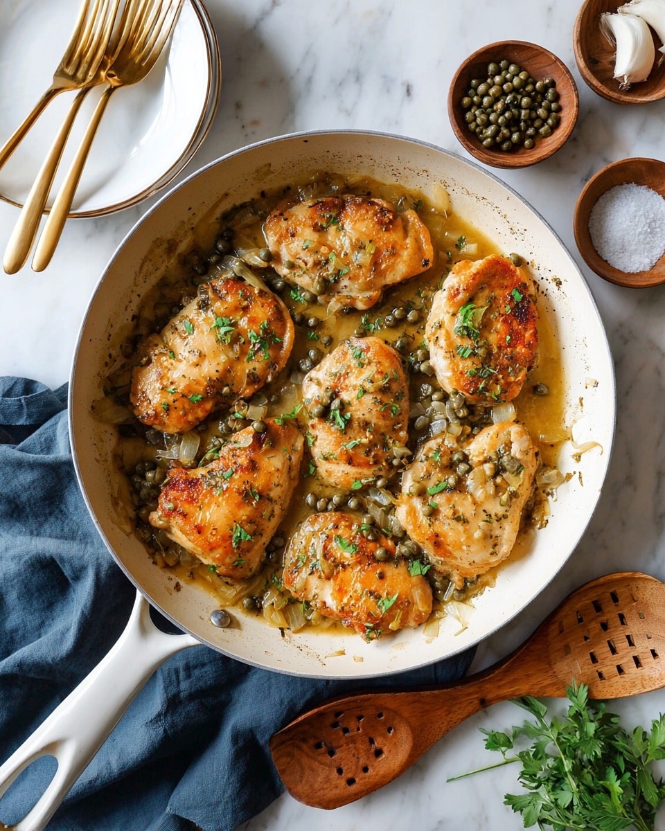 A white pan filled with golden browned pieces of chicken cooked in a sauce with small green capers and chopped green herbs scattered on top. The chicken pieces layer mostly flat, with some slightly overlapping and sitting in a light brown liquid sauce with visible small onions and herbs. The pan rests on a dark blue cloth, and near it are two stacked white plates with two gold forks on top. Around the edges of the image, there are small wooden bowls containing white salt and black pepper, fresh garlic cloves, loose capers, and fresh parsley, all set on a white marbled surface. A wooden spoon with holes is in the bottom right corner of the frame. Photo taken with an iphone --ar 4:5 --v 7